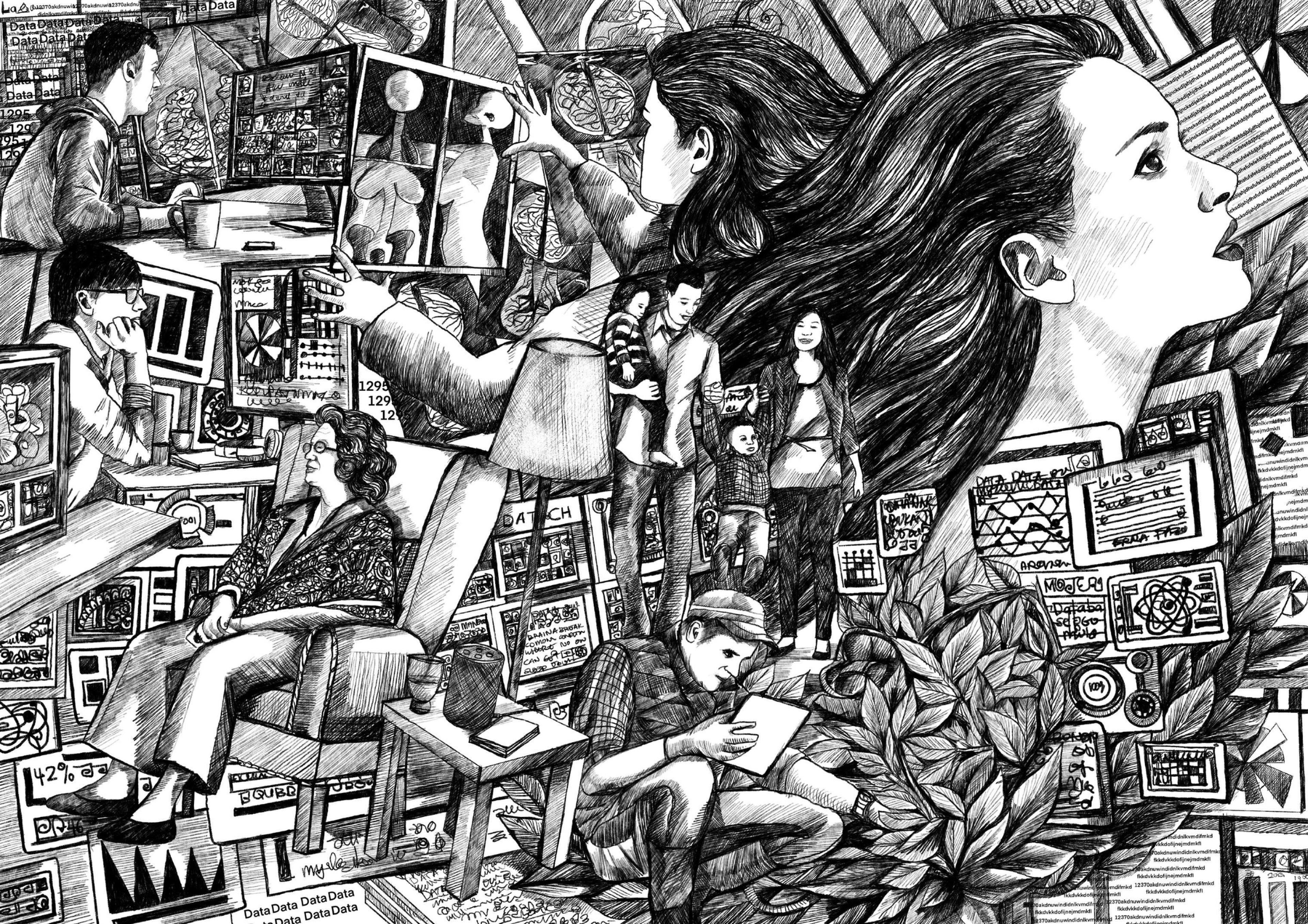 The image is a very detailed, black-and-white sketch-like illustration featuring a complex scene of interconnected figures and technology. The artwork portrays various individuals in different environments to represent the relationship between technology and humans. 

In the foreground, multiple people are surrounded by computer screens filled with data visualisations, charts, and technical information. A woman seated in an armchair appears deep in thought, surrounded by data-filled monitors. Beside her, a man leans over, using a tablet to assist with their inspection of a plant or tree. In the centre, a figure holds a large frame or screen displaying anatomical illustrations, representing the use of AI to analyse medical imagery. To the left, another person is intently observing a computer screen, while a second figure nearby is deeply immersed in analysing data. A woman dominates the right side of the composition, gazing upwards as if in contemplation or envisioning something beyond the immediate scene. The background features more people, including a family holding hands, and other abstract representations of data.