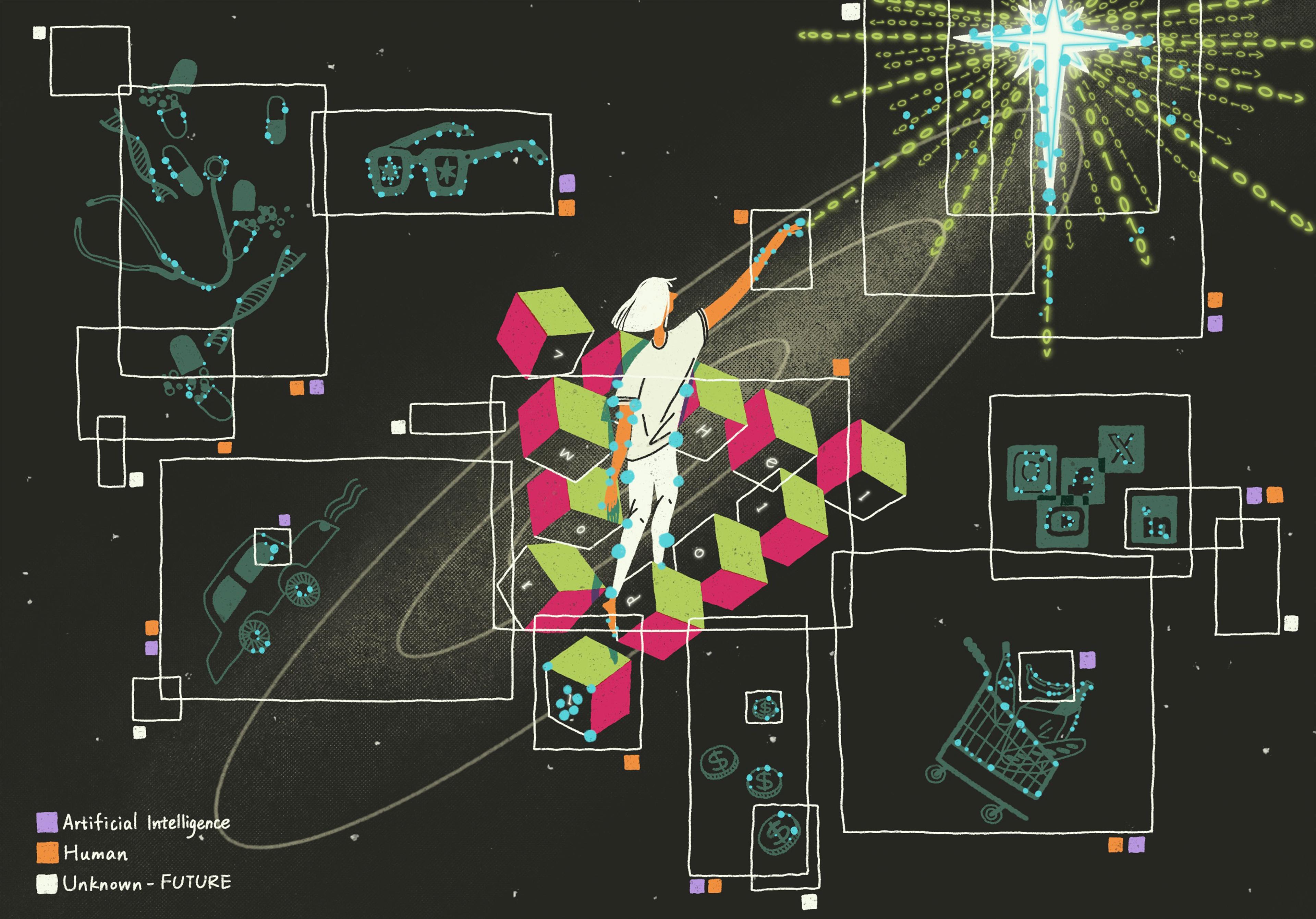 The painting shows a person standing on a staircase made of green and pink cubes, symbolising a Penrose staircase, in a cosmic environment. The person is reaching towards a glowing cross-shaped structure emitting binary code, representing AI's reach into the future. Surrounding the figure are outlined boxes showing various  elements, such as glasses, medical tools, a self-driving car, and financial symbols, interconnected by white lines. The background is dark with star-like dots and features colour-coded boxes which mark different elements as relating to AI, human involvement, a combination of both, or an area uncharted by AI and humans. 