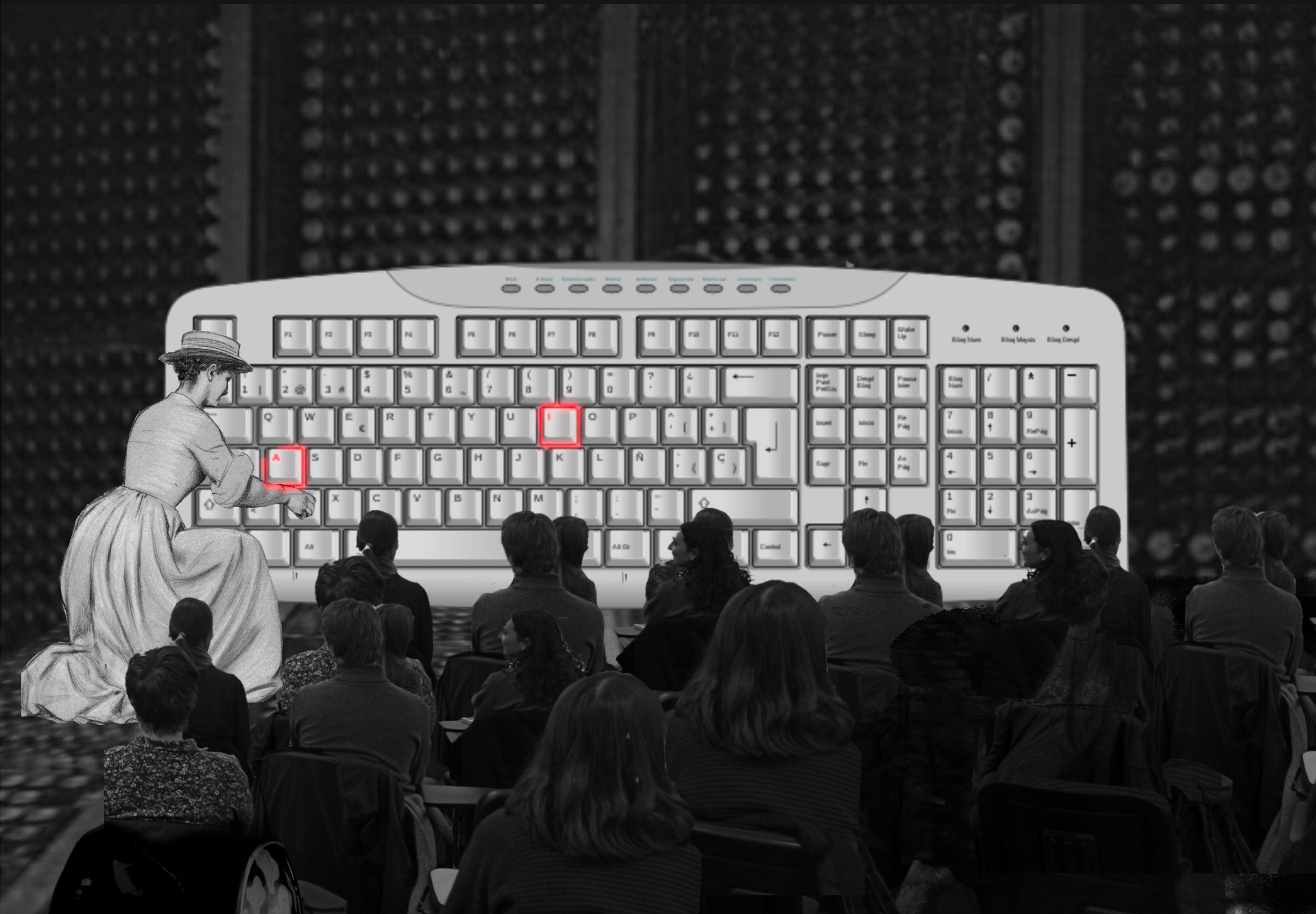 A black-and-white surrealist collage of a classroom lecture. The center features an oversized computer keyboard with the two keys “A” and “I” highlighted in red. In the foreground, a vintage illustration of a woman in historical attire kneels as she interacts with the keyboard. Behind her, an audience of Cambridge students are seated in rows observing the lecture.