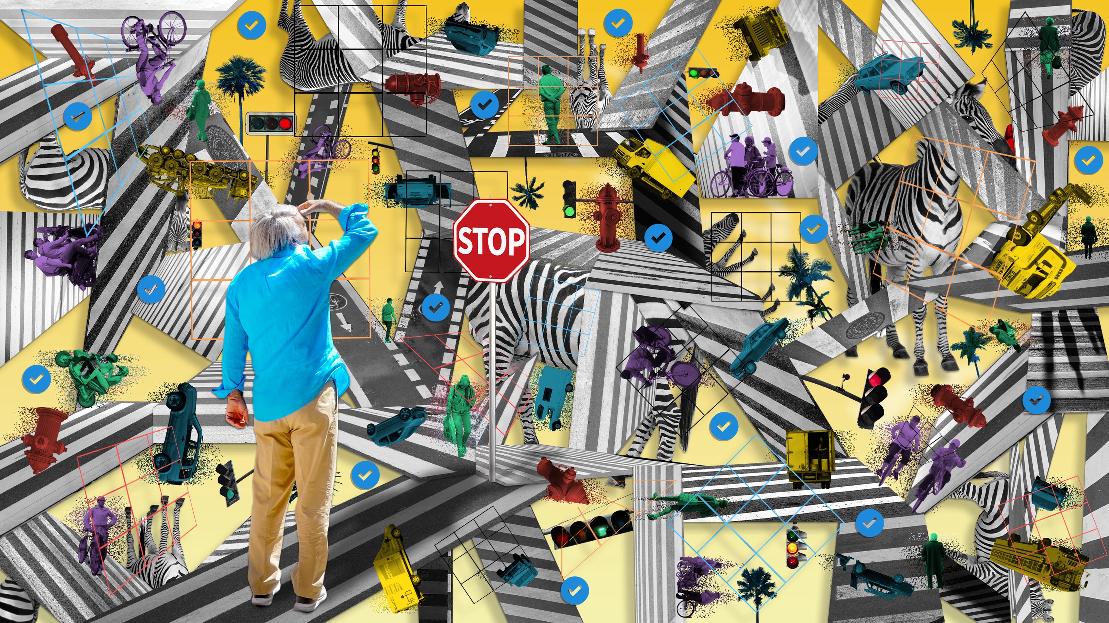 A collage picturing a chaotic intersection filled with reCAPTCHA items like crosswalks, fire hydrants and traffic lights, representing the unseen labor in data labelling.