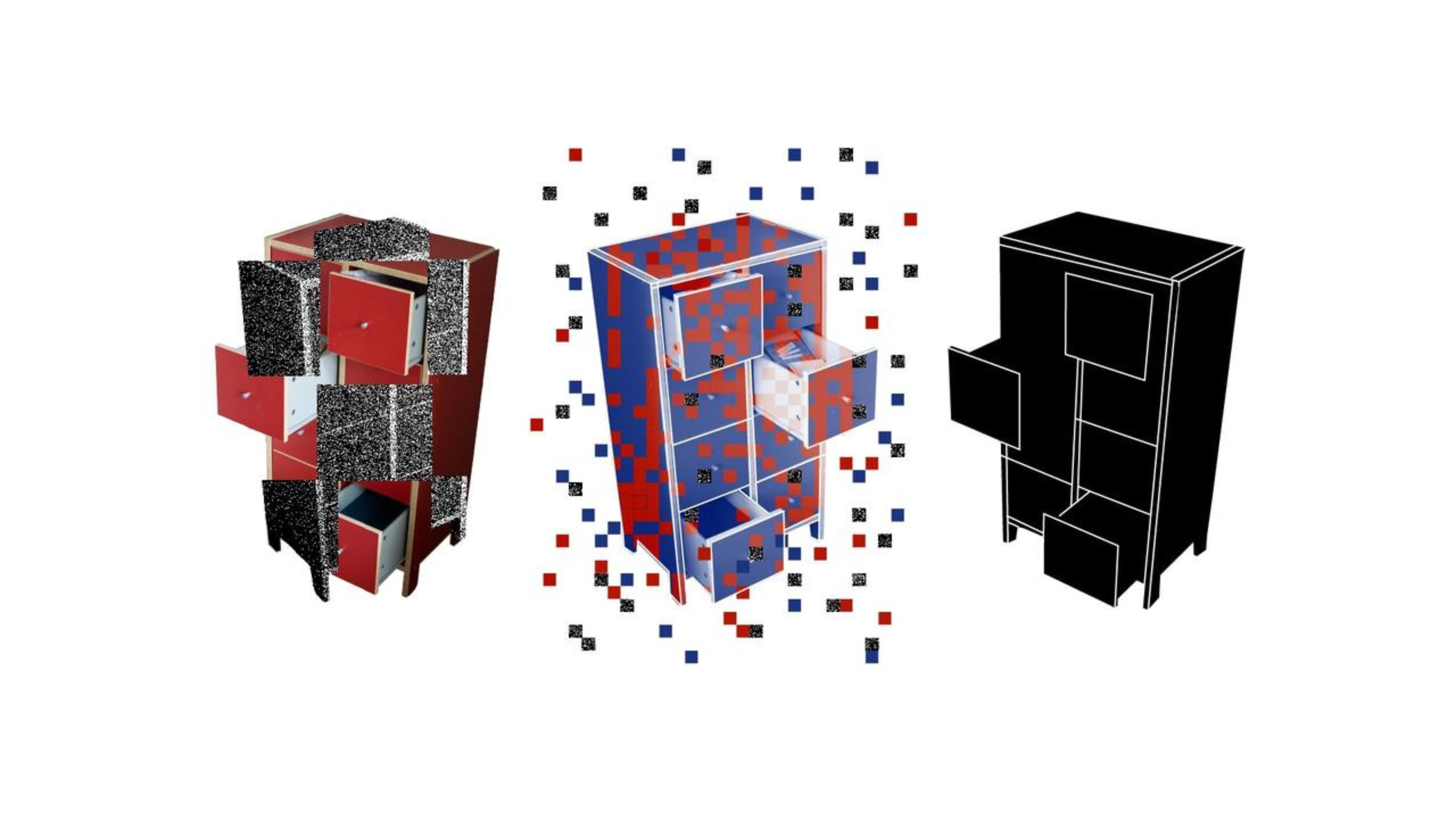 An illustration of three „pixelated“ cupboards next to each other with open drawers, the right one is black