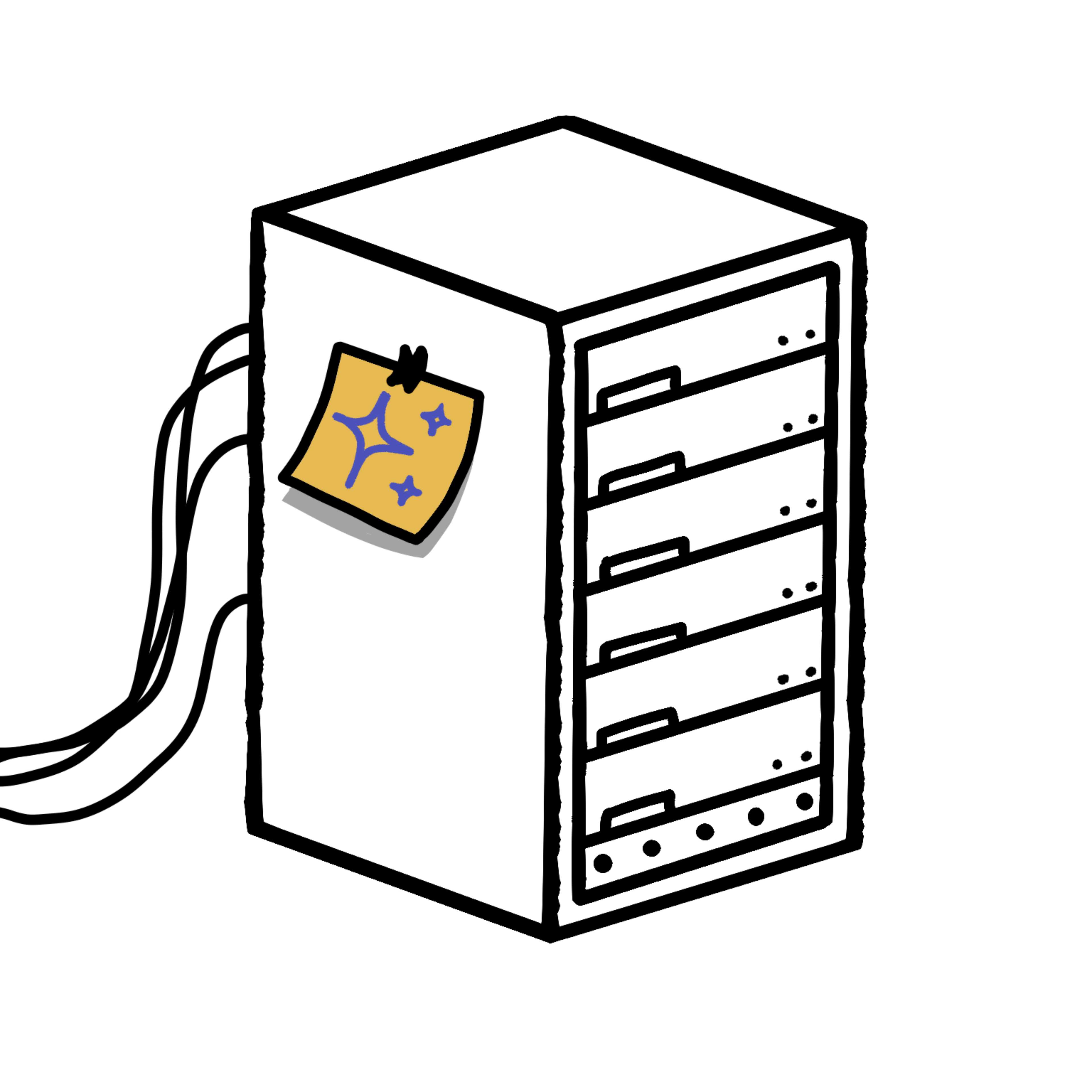 Simplistic illustration of a server rack with wires trailing out of it. A yellow sticky note is taped to the rack with a drawing of cartoon sparkles.