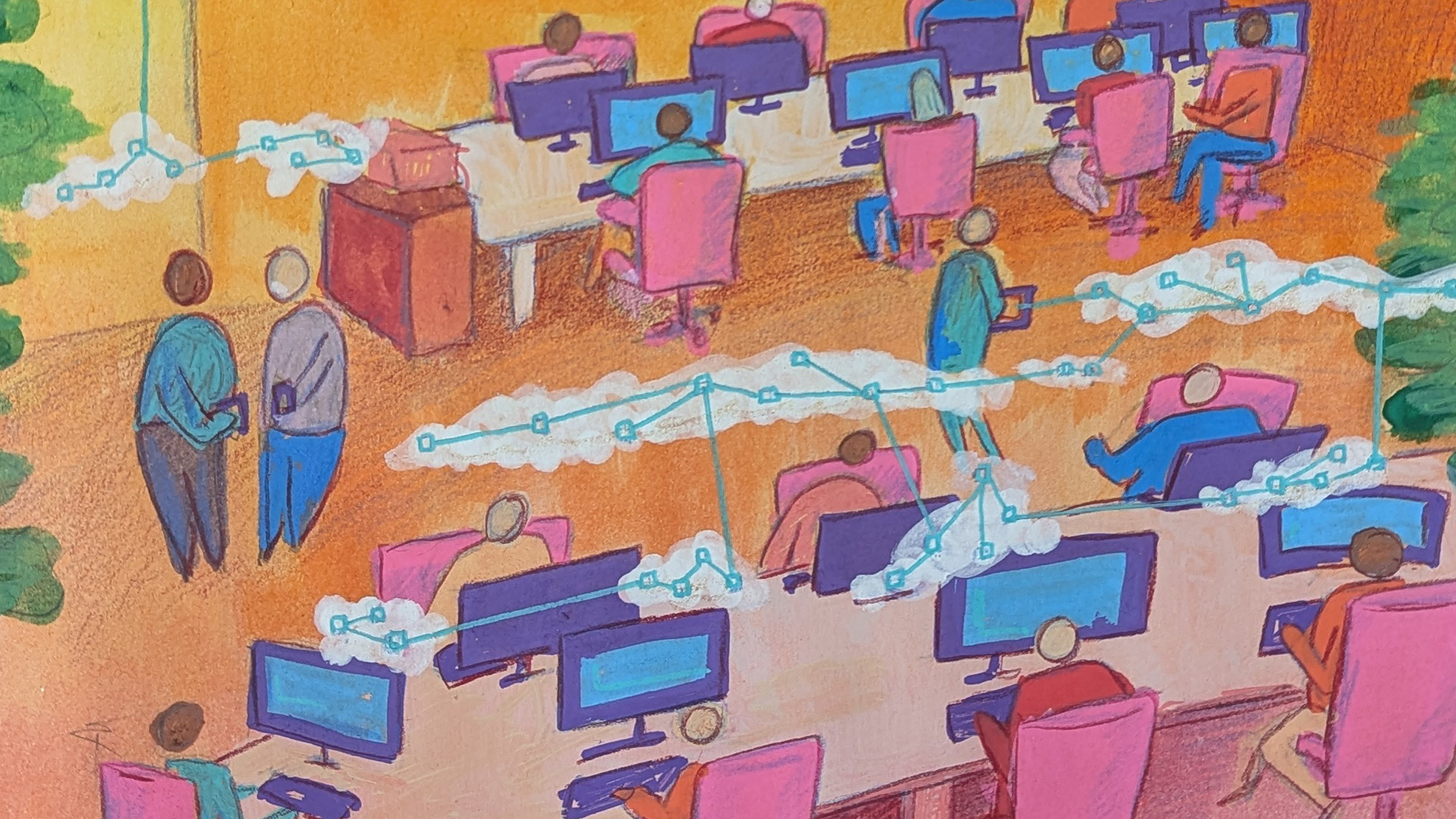 A brightly coloured office populated with all kinds of people working at connected desks. There are computer screens and networks in the air in clouds. The image shows the connectivity of a digitally transformed workplace.  It was drawn and painted using guache and pencil. 