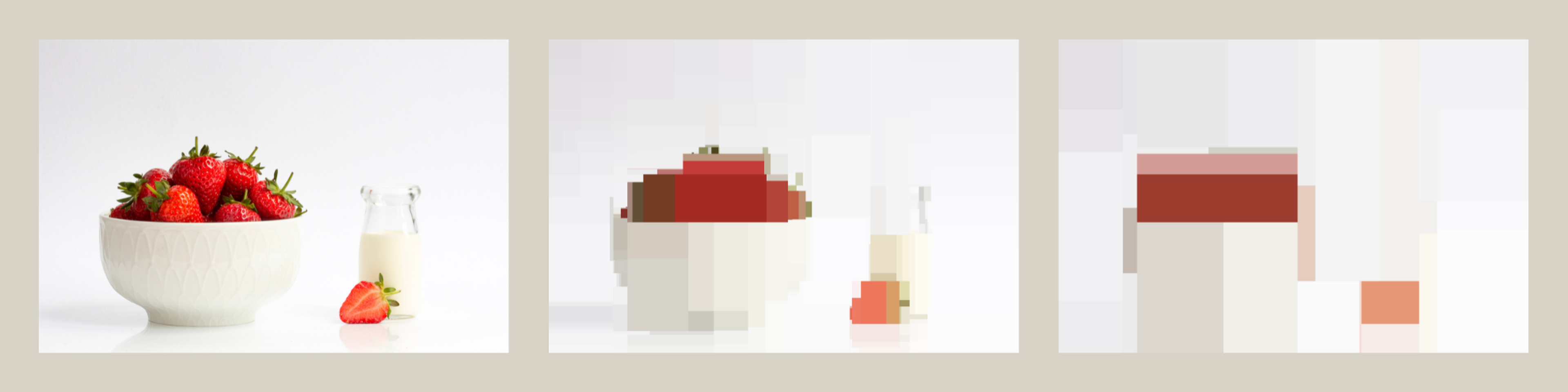 This picture is made up of 3 images in a row, on a grey background. The first picture is an original photograph of a bowl of fresh strawberries, contrasted against the white bowl they are in a small white bottle of milk. In the middle, the photograph is now broken down into blocks of colour in the shape of the original strawberries. The final picture has been broken down even more, to the extent that the large blocks of colour are now no longer recognisable as strawberries and milk.