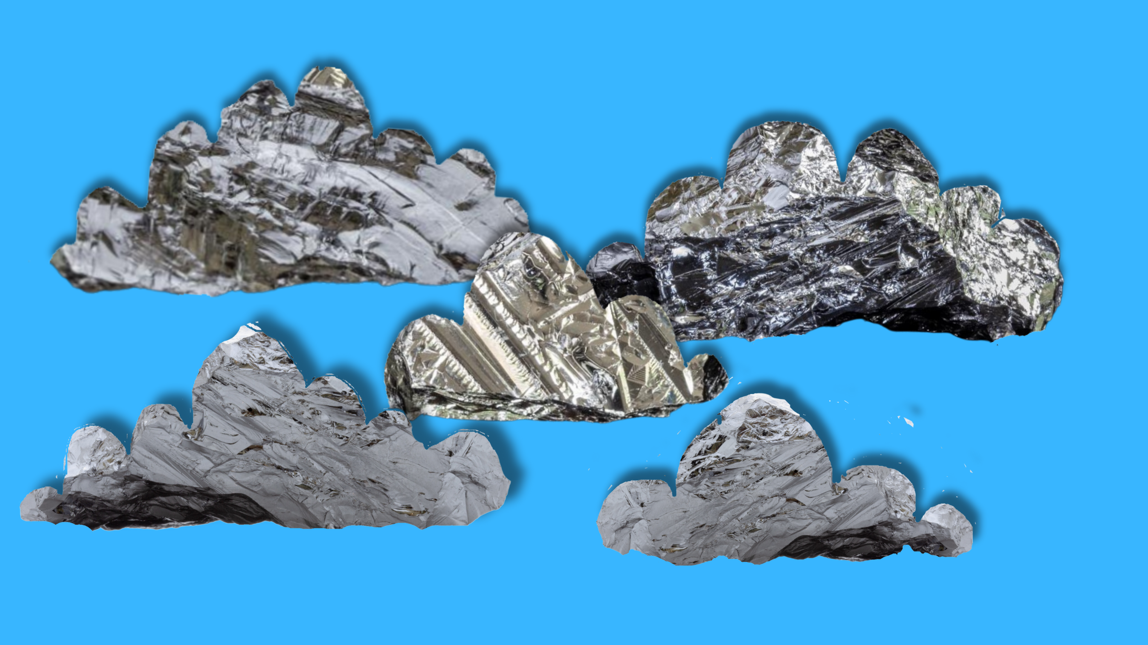 A group of five cloud shapes float across a blue background. The clouds are collages made out of close up photographs of shiny silver silicon surfaces.