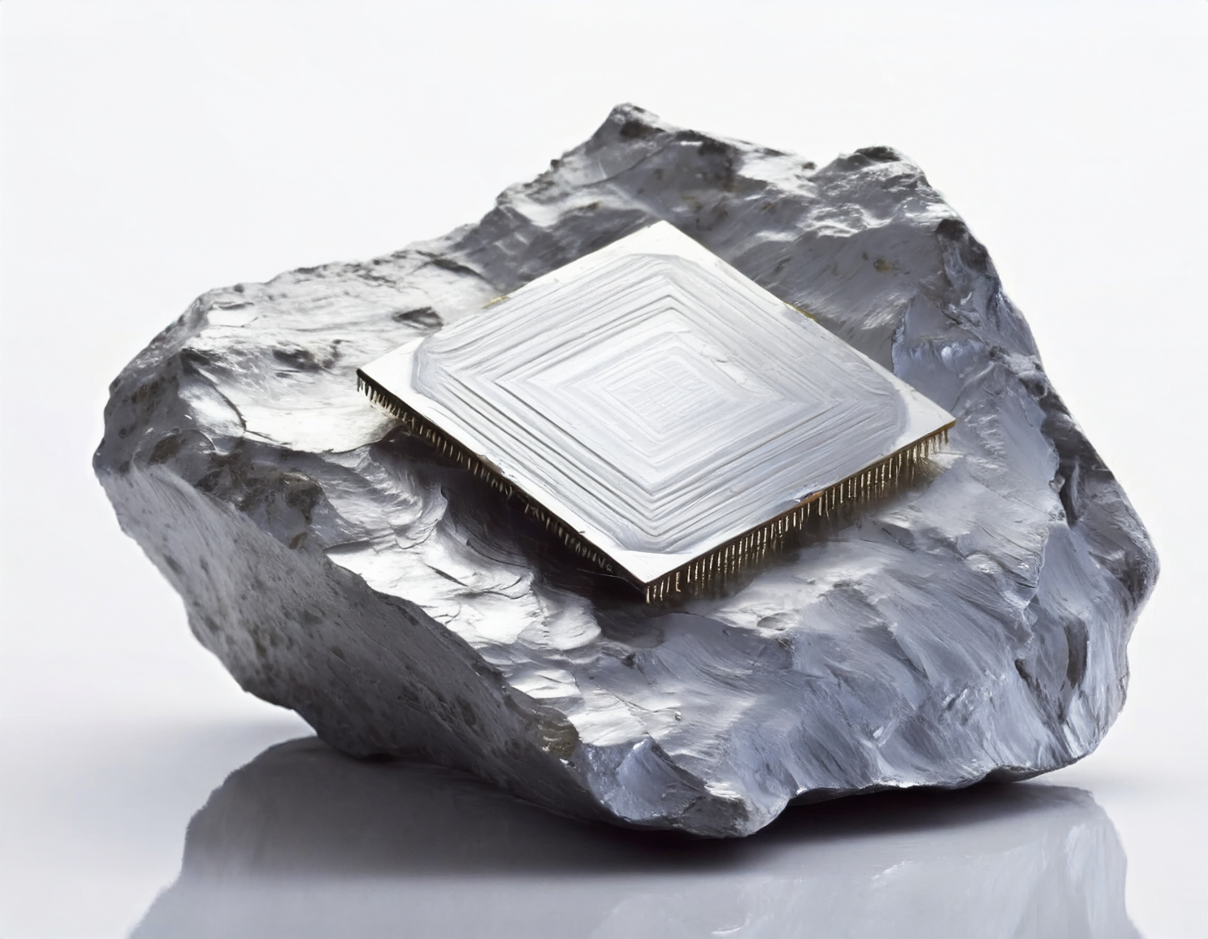 A shiny rock of silicon is on a plain white reflective surface, against a plain white background. Embedded in the rock is a rough shape of a silicon chip, which is made from the same rock of silicon