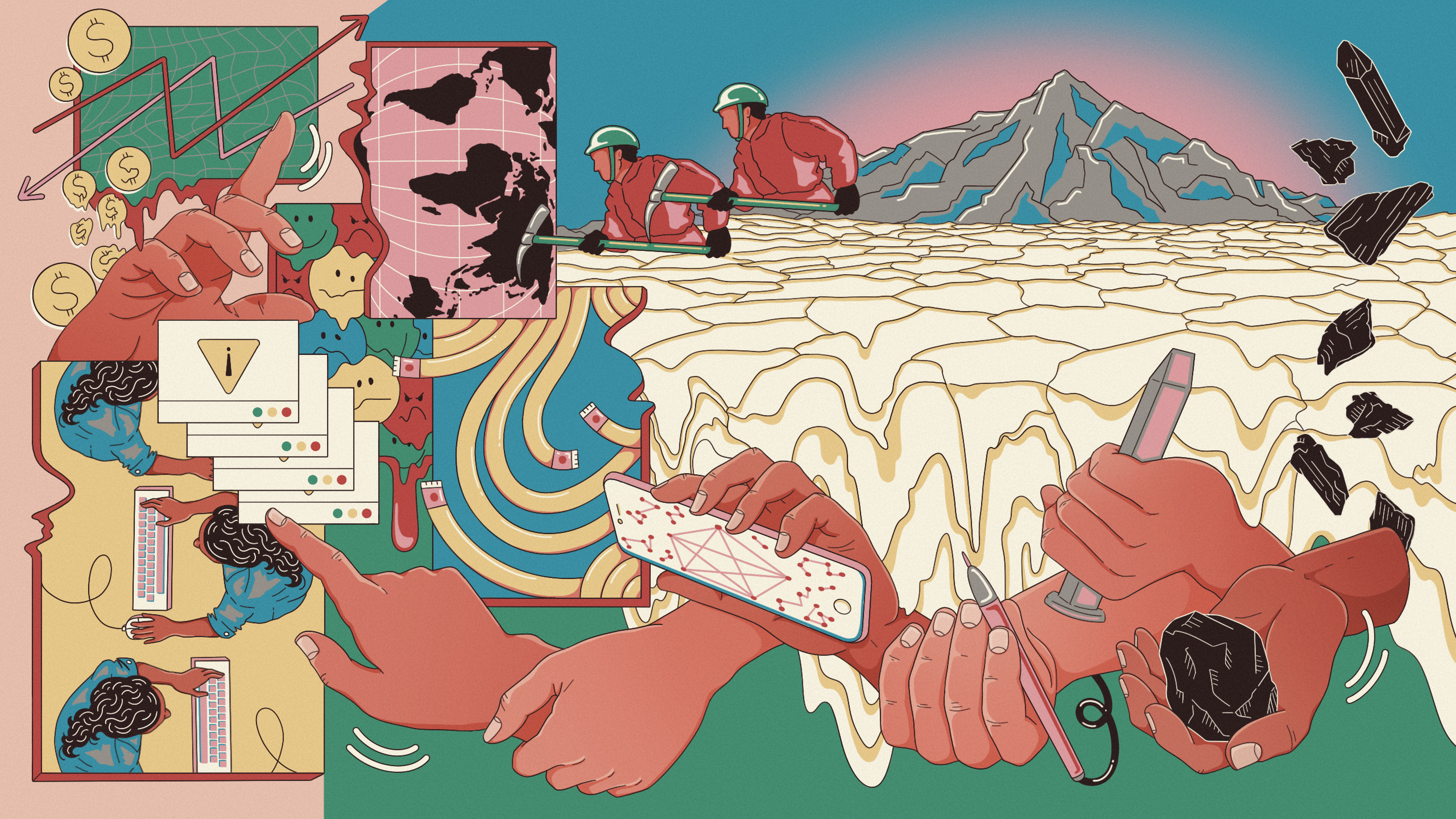 A brightly coloured illustration which can be viewed in any direction. It has several scenes within it: miners digging in front of a huge mountain representing mineral resources, a hand holding a lump of coal or carbon, hands manipulating stock charts and error messages, as well as some women performing tasks on computers.
