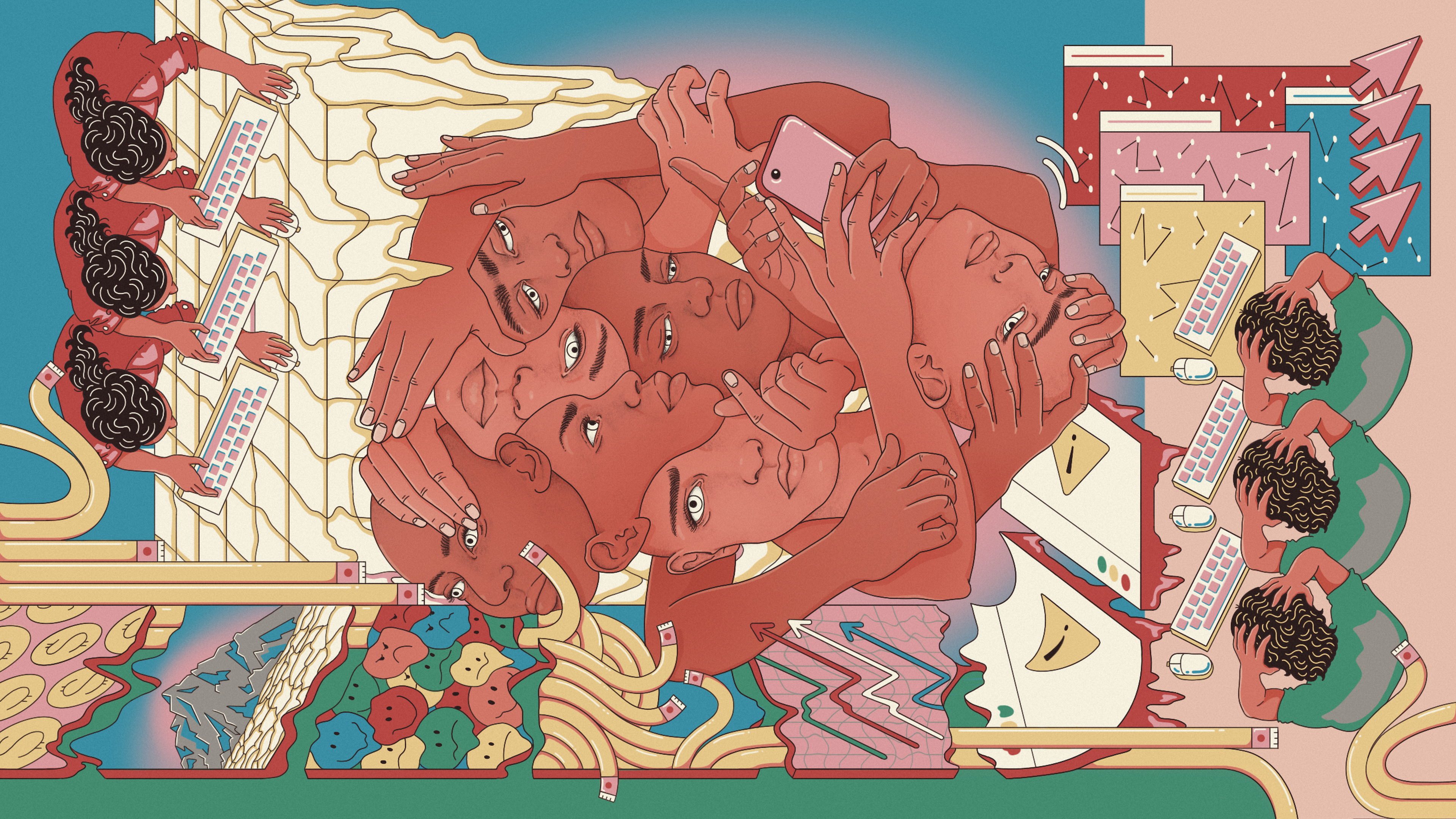 A brightly coloured illustration which can be viewed in any direction. It has several scenes within it: people in front of computers seeming stressed, a number of faces overlaid over each other, squashed emojis and other motifs.