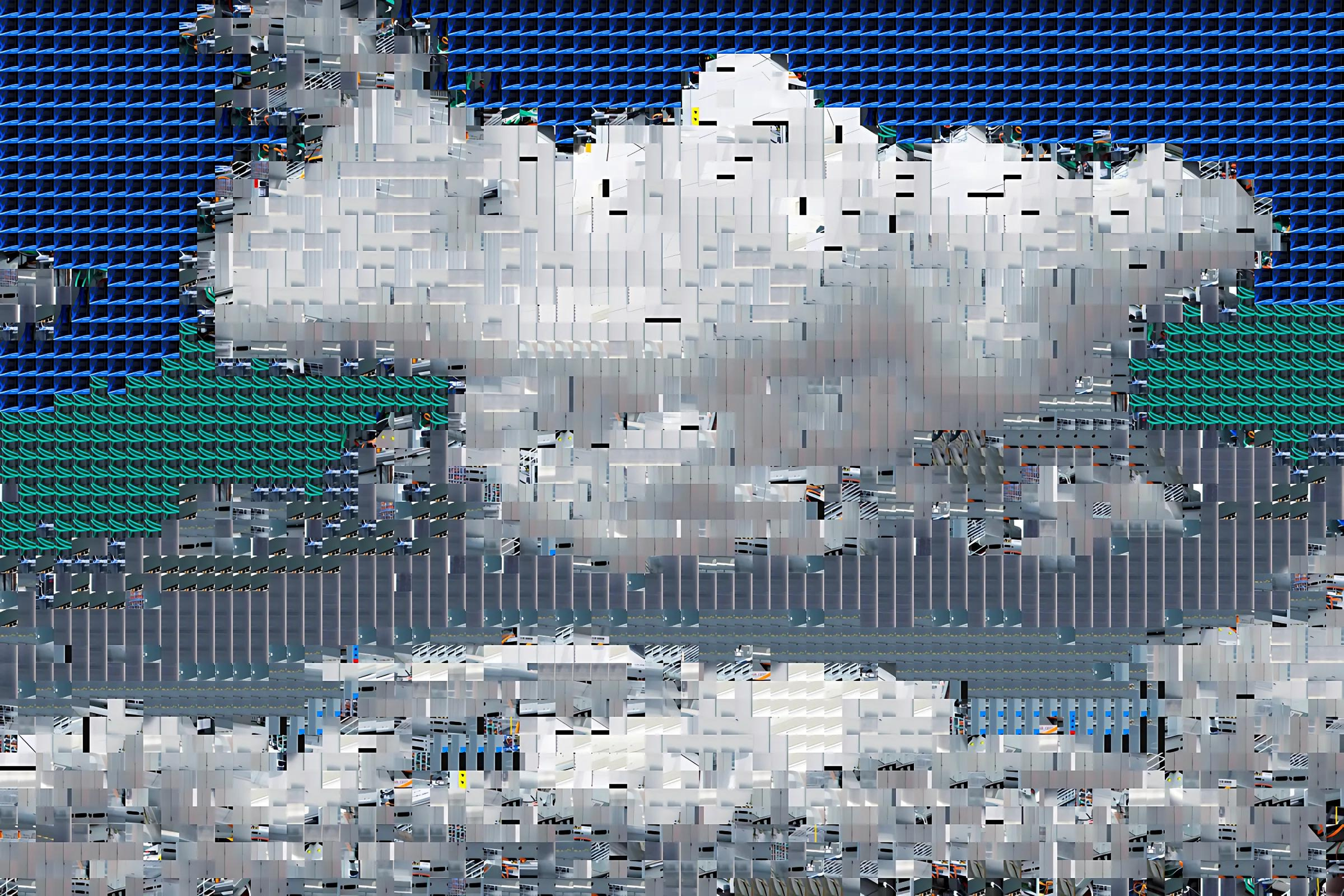 A mosaic-like image of clouds, made of server and data center components, symbolizing the hidden physical infrastructure of cloud computing.