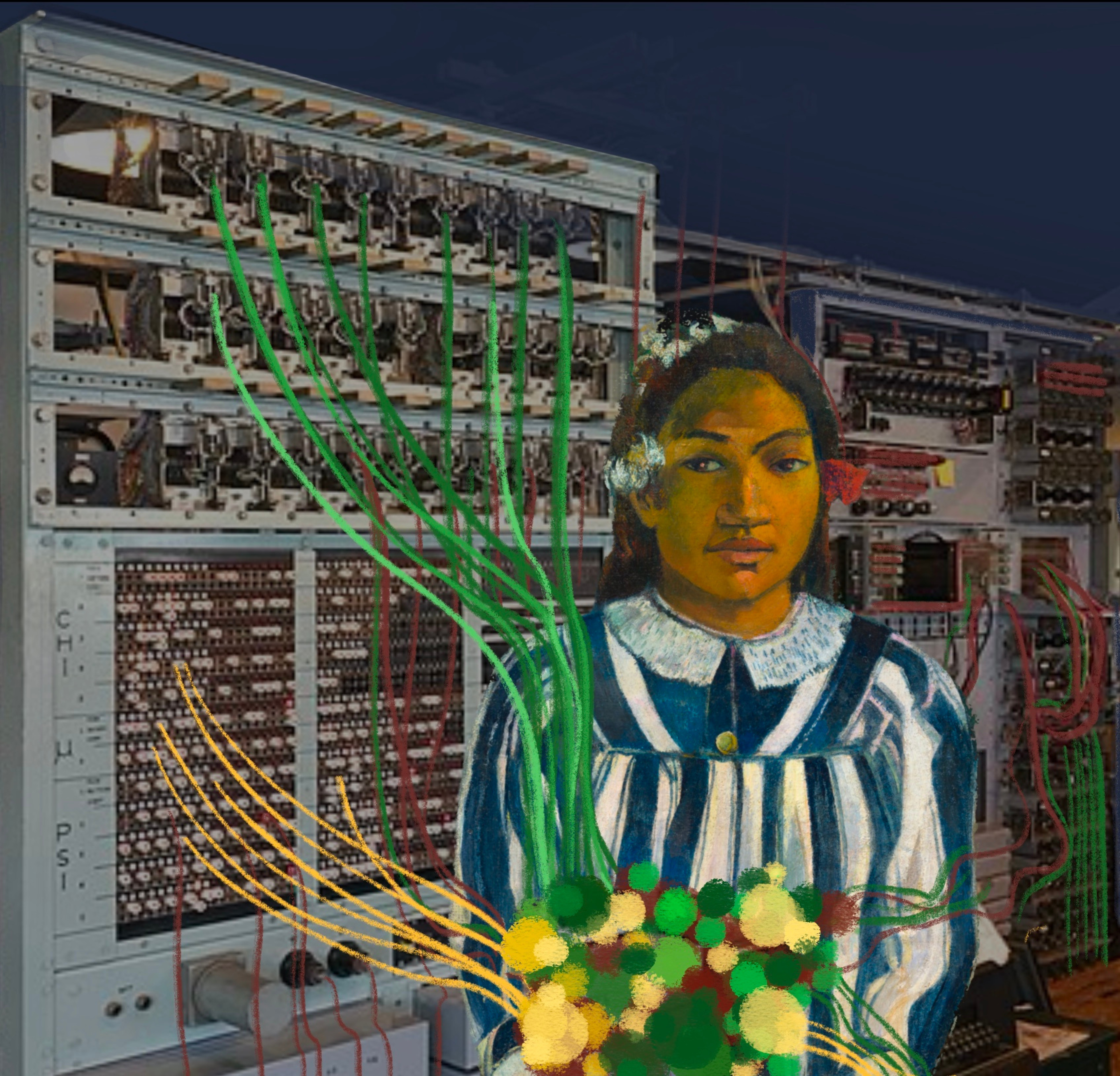 A historical-style painting of a young woman stands before the Colossus computer. She holds an abstract basket filled with vibrant, pastel circles representing data points. The basket is attached to the computer through a network of connecting wires, symbolizing the flow and processing of information.