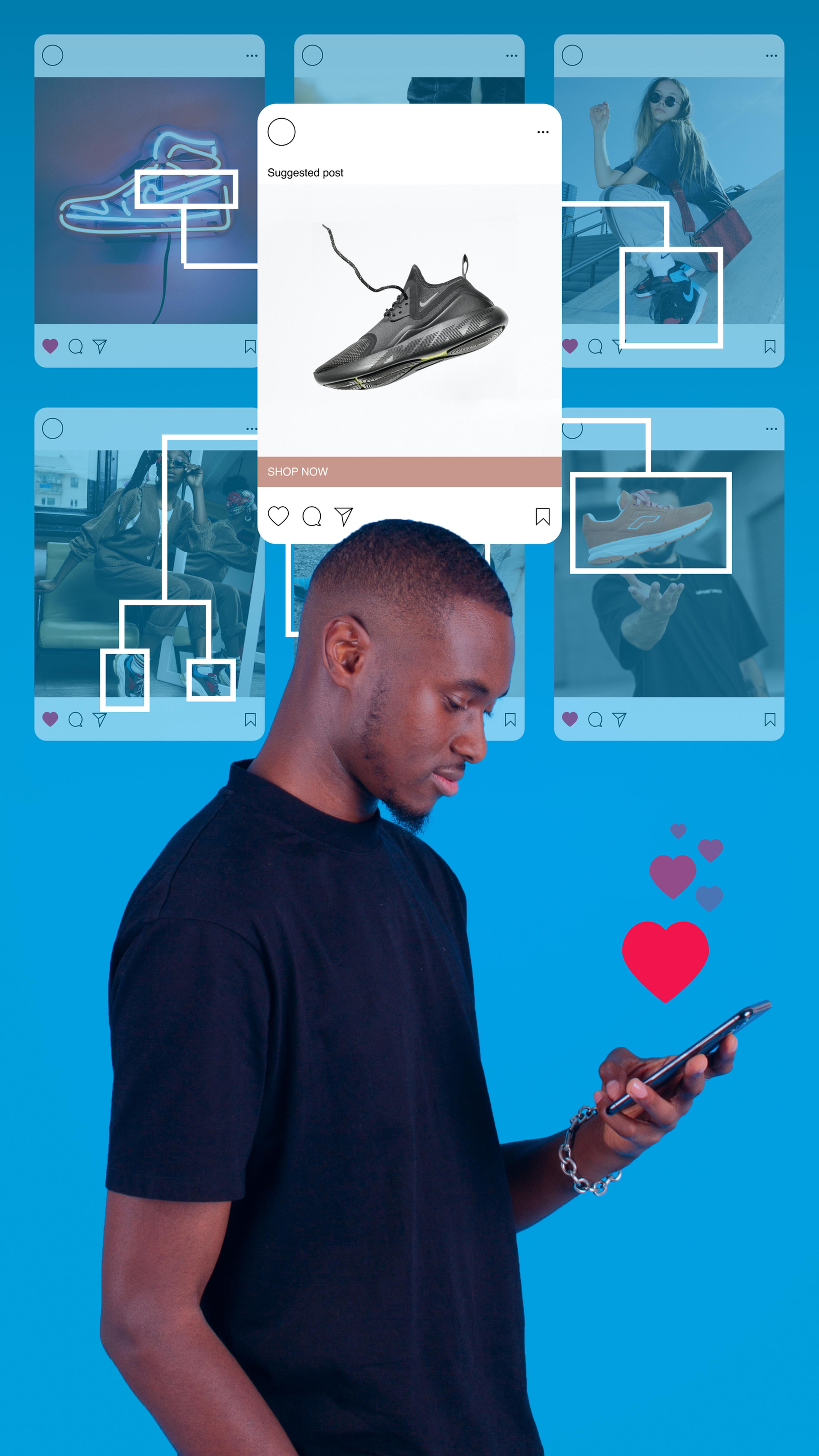 A young black man in a dark t-shirt looks at a mobile device. Behind him, a blue digital background shows images of the trainers he's looking at on his phone. A trail of digital heart shapes fades upwards indicating that the man in the image likes one of the images.