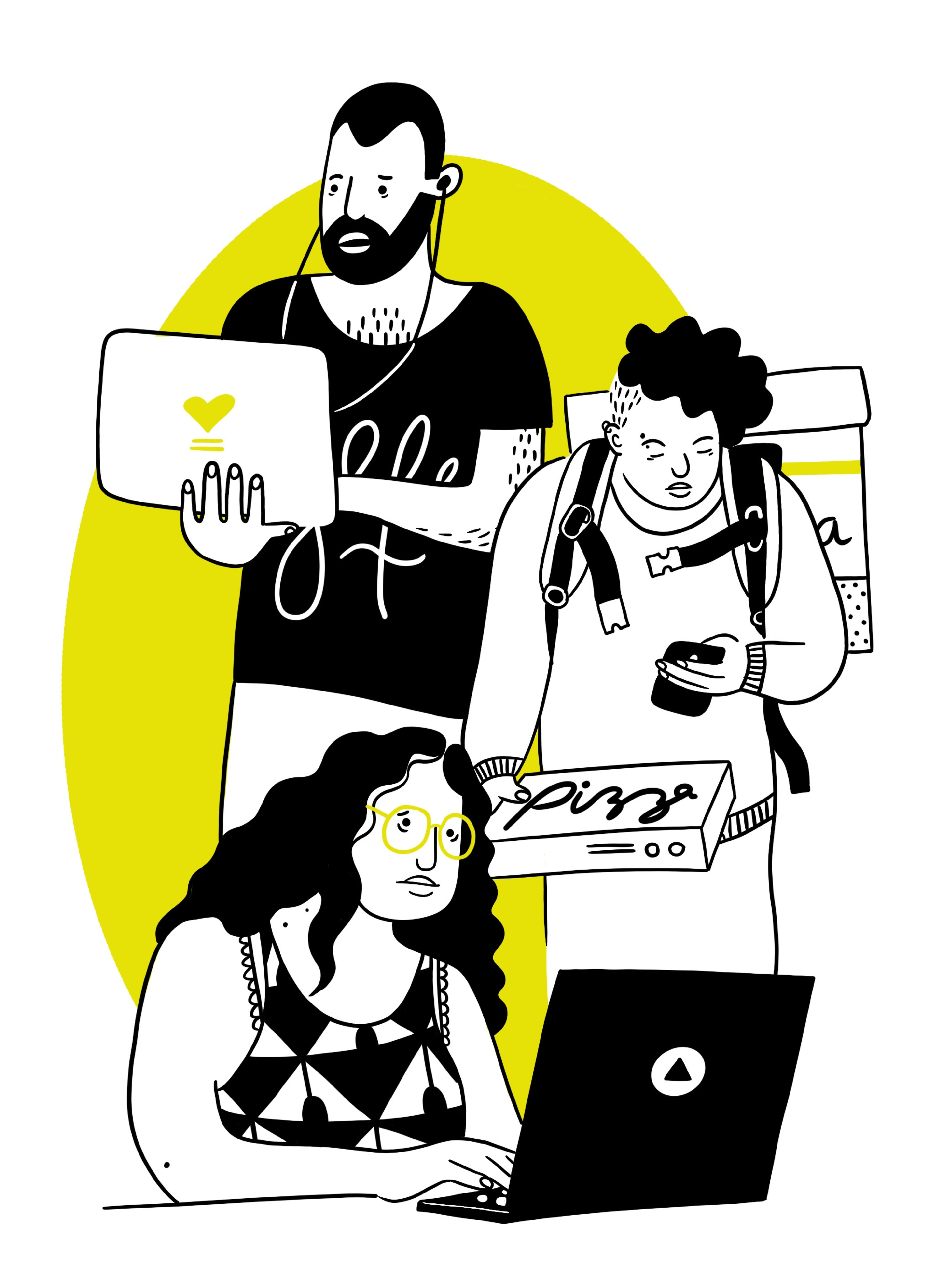 Three isolated people using laptops and phones to work.