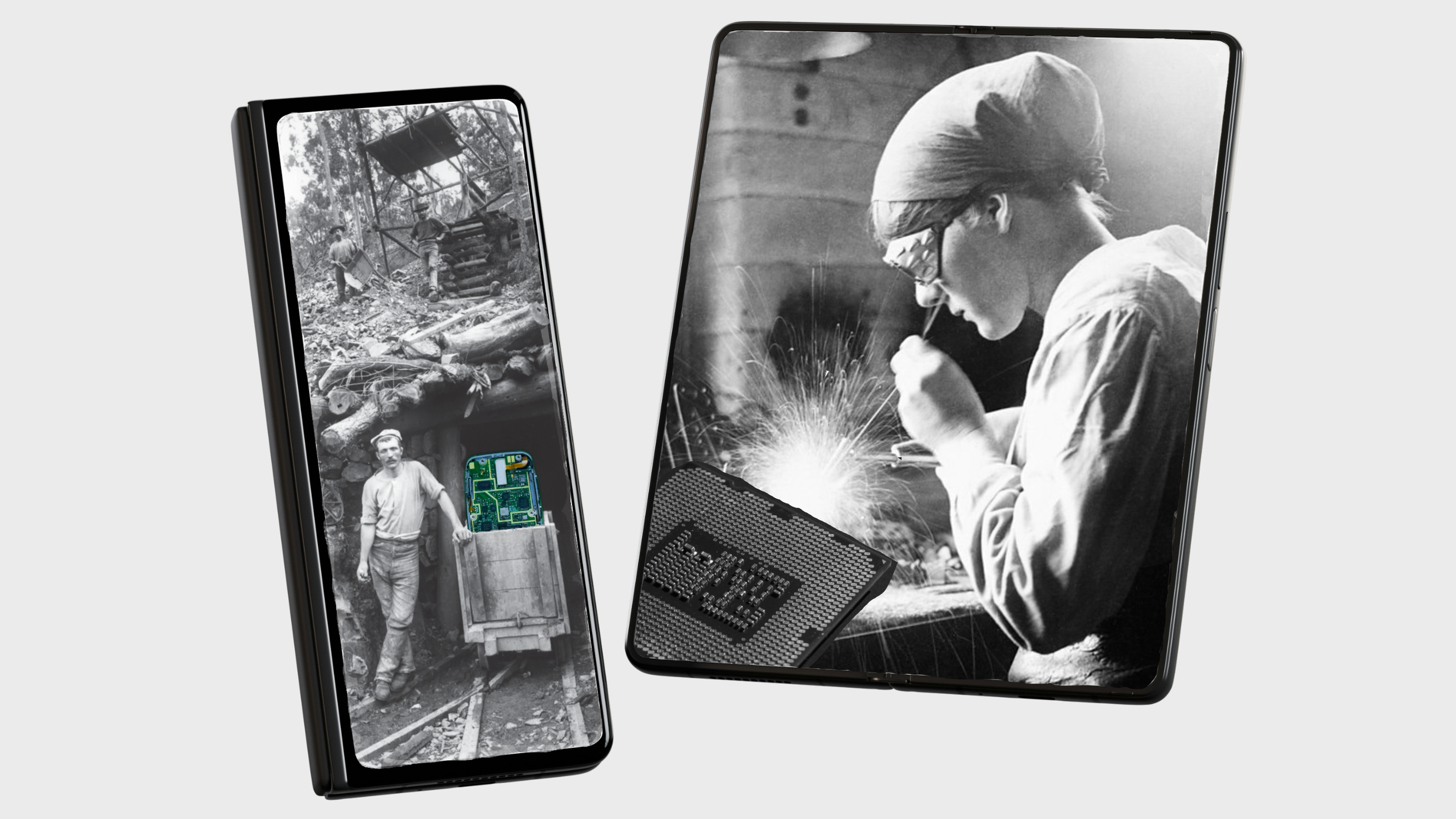 A set of devices which have vintage photos with modern chips stitched in as collage style showing individuals as if they were working with the technology. 