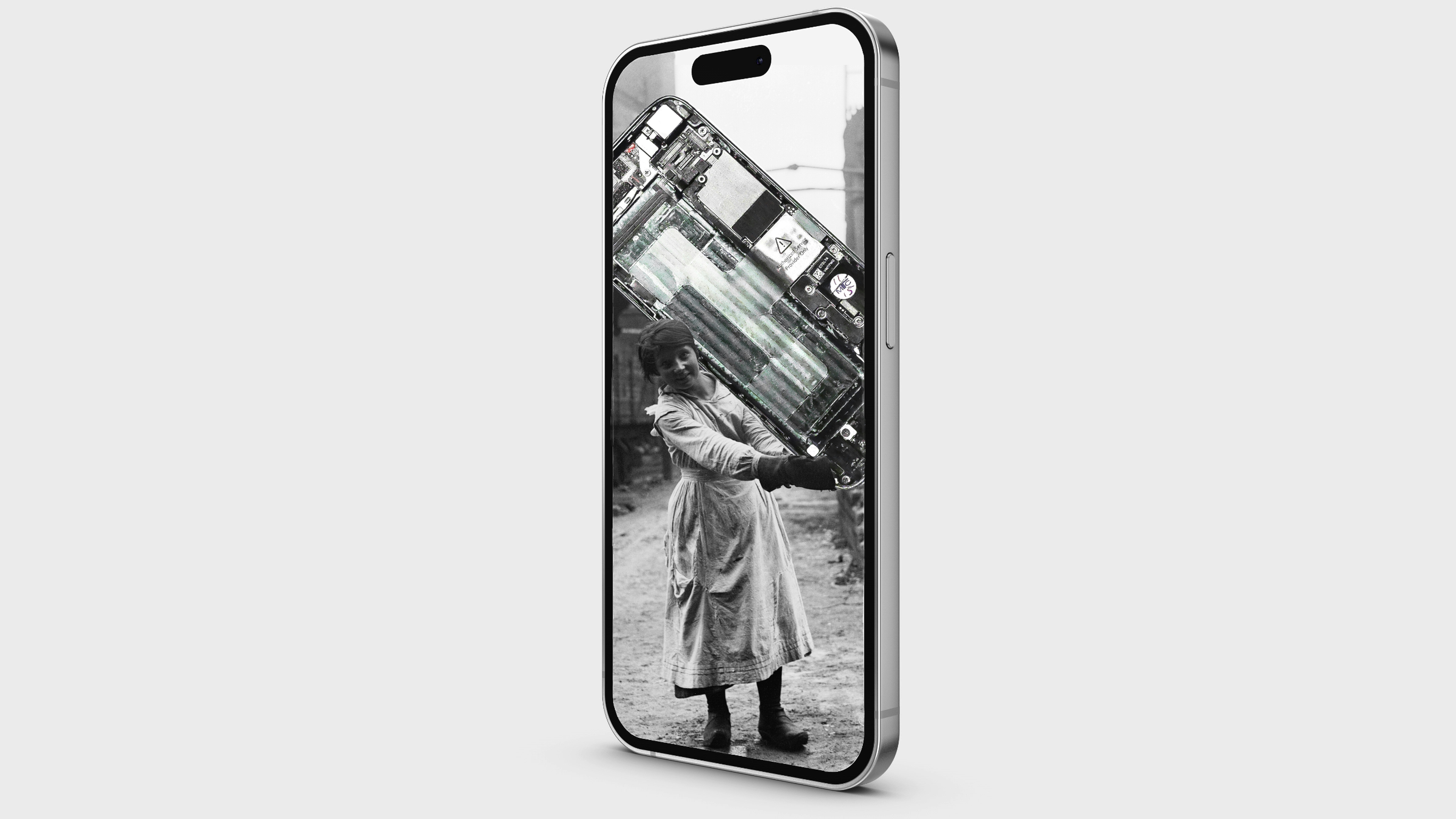 Black and white image of lady carrying a large phone chip framed inside an iphone.