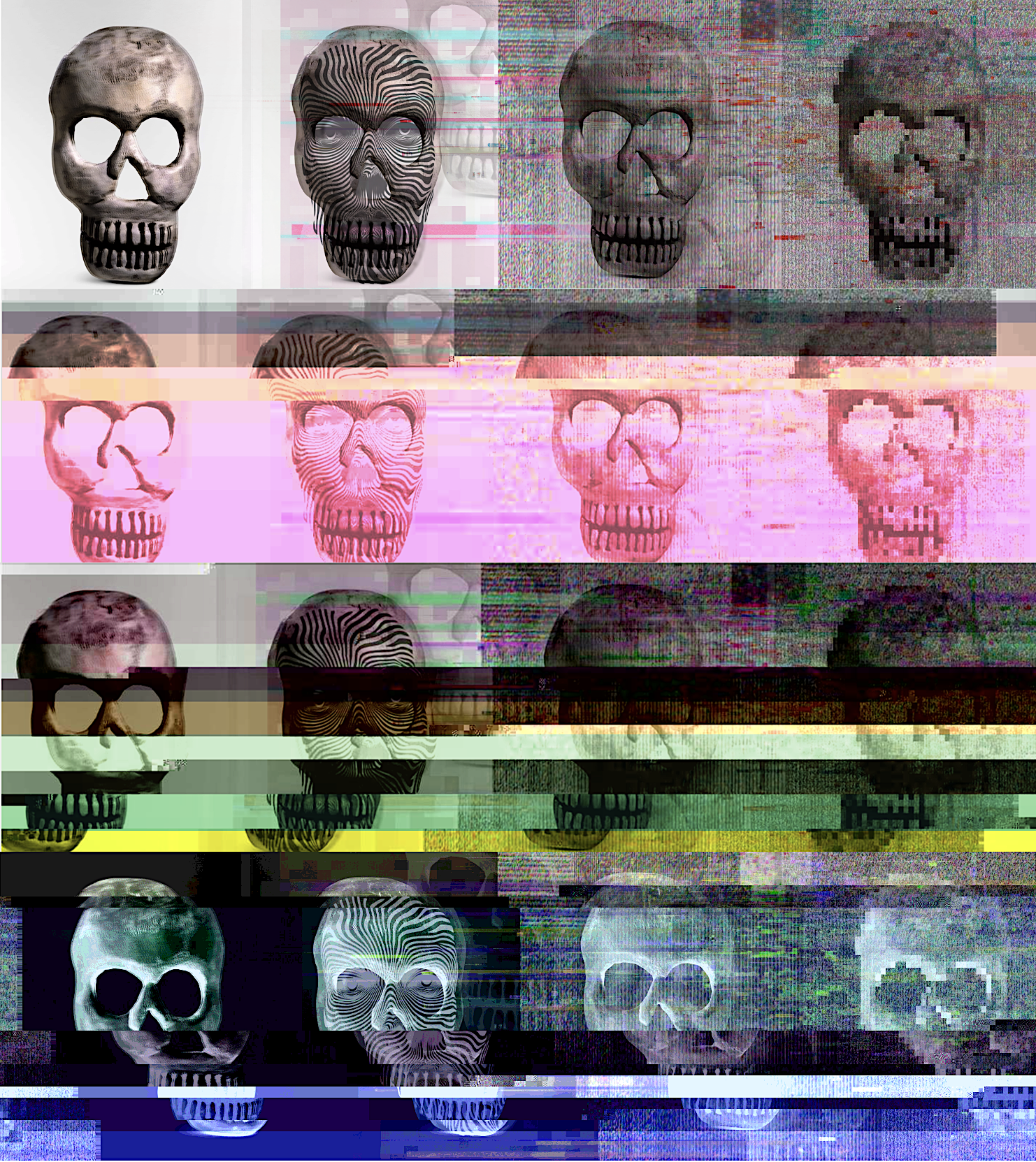 Repeating image of skulls with increasing doubling, blurring, ghosting, pixelation, and horizontal glitching