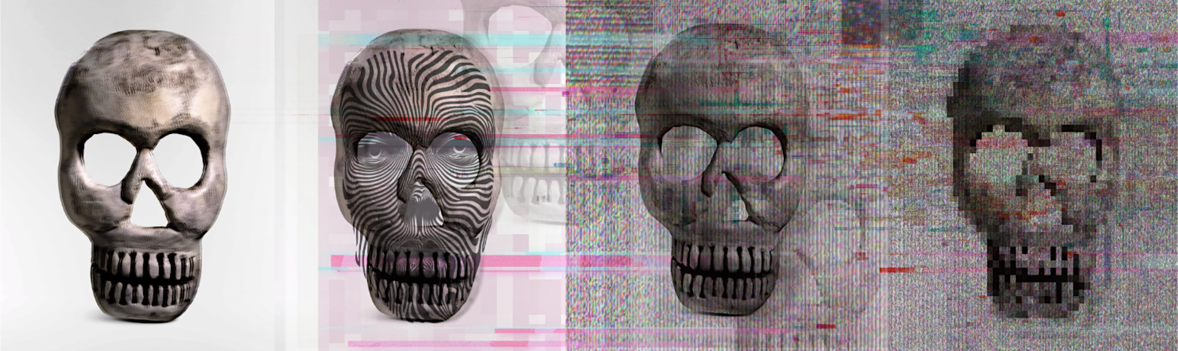 Repeating image of four skulls with increasing doubling, blurring, ghosting, and pixelation