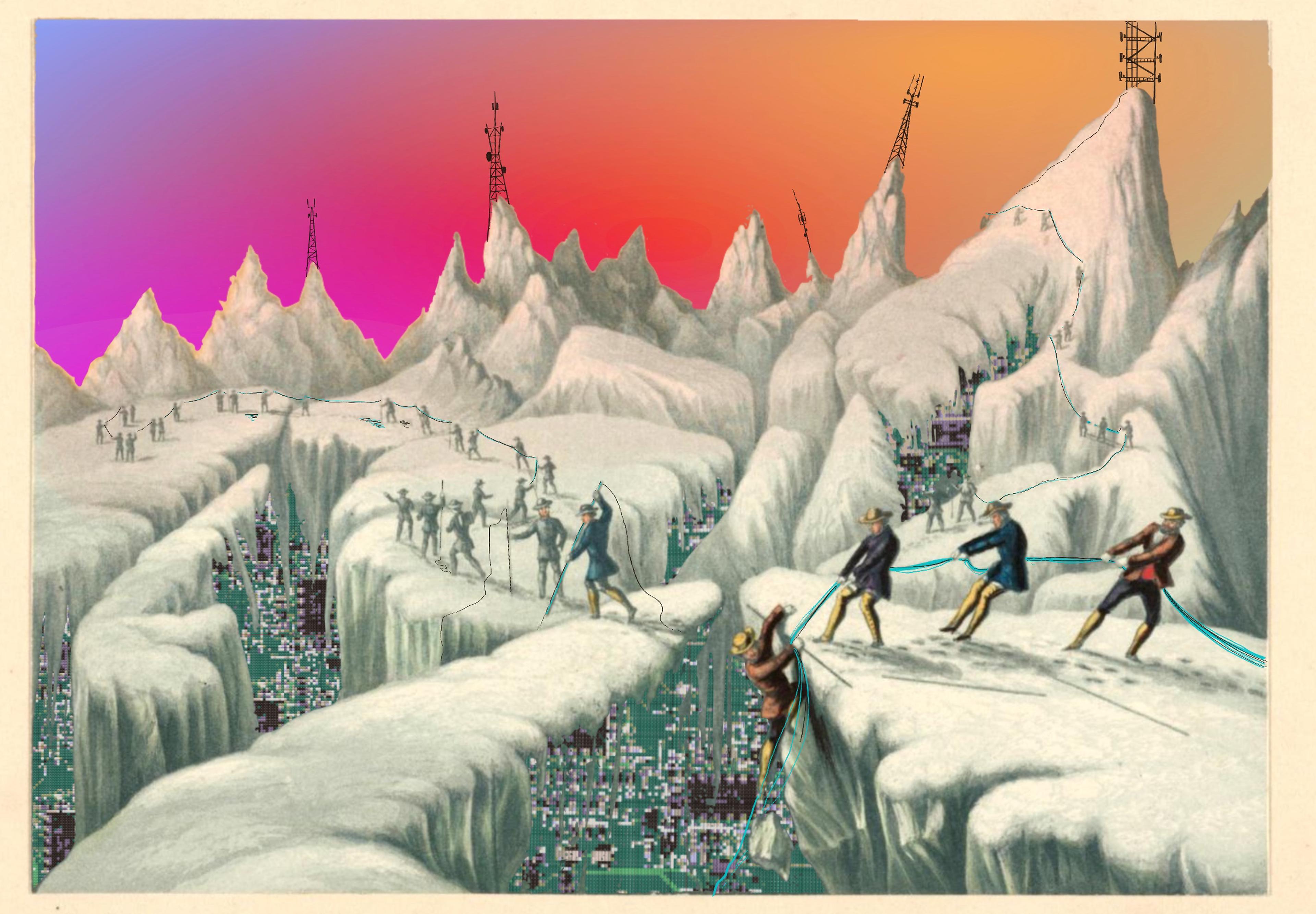 A surreal landscape of snowy cliffs with jagged mountain peaks under a vibrant gradient sky that shifts from orange to pink and purple. People wearing old-fashioned expedition clothing pull ropes across the snow, helping others traverse a crevice of circuits and wires. Tall transmission towers rise from the mountaintops, and in the depths of the canyon below, a grid of electronic circuits is melting the snow.