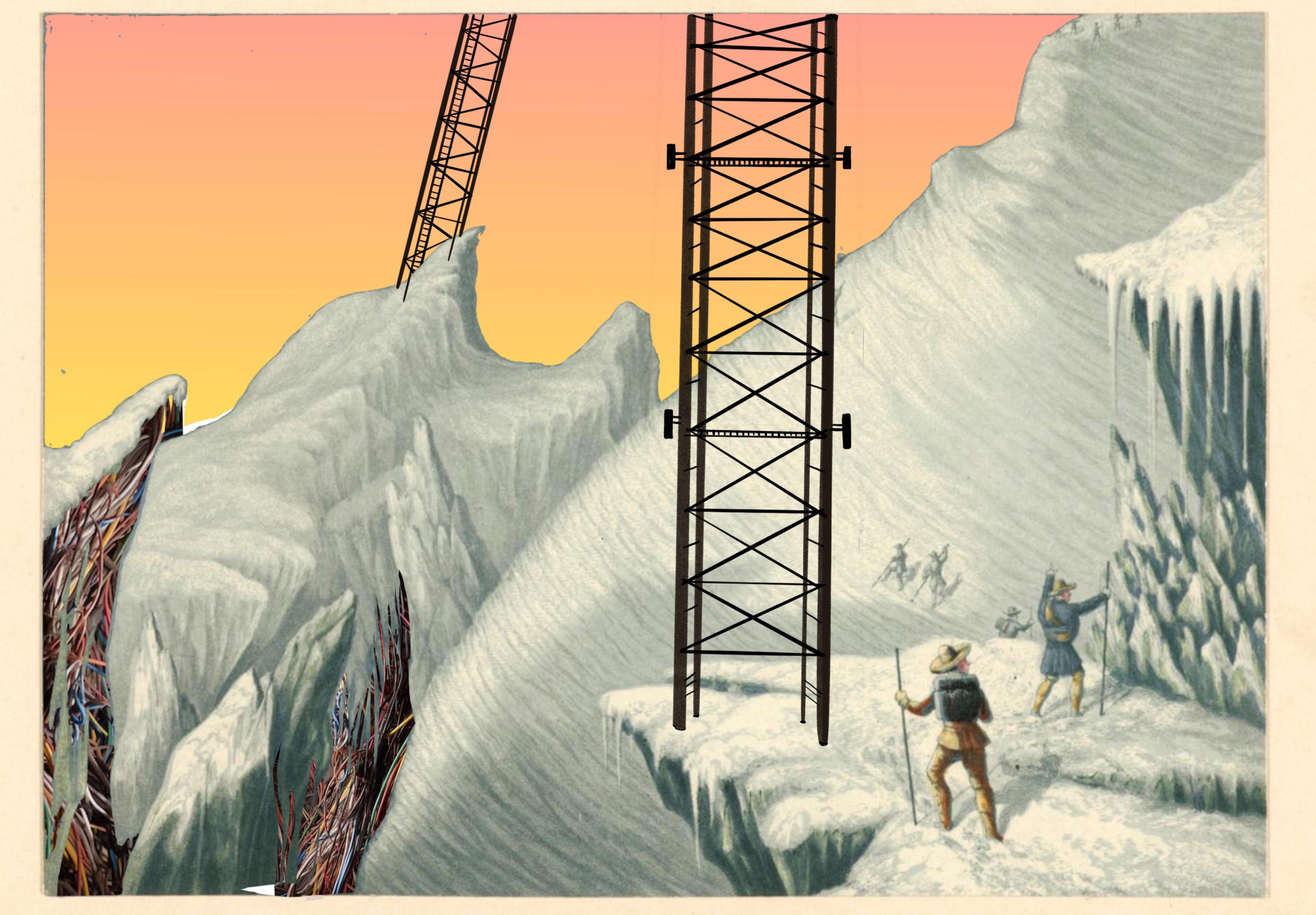 A snow-covered mountainous landscape with steep cliffs. Two large transmission towers stand on opposite sides of the chasm, their bases buried in the snow. Small groups of hikers are seen climbing the icy ridges. Under the melting snow is a canyon of tangle of colourful wires. 