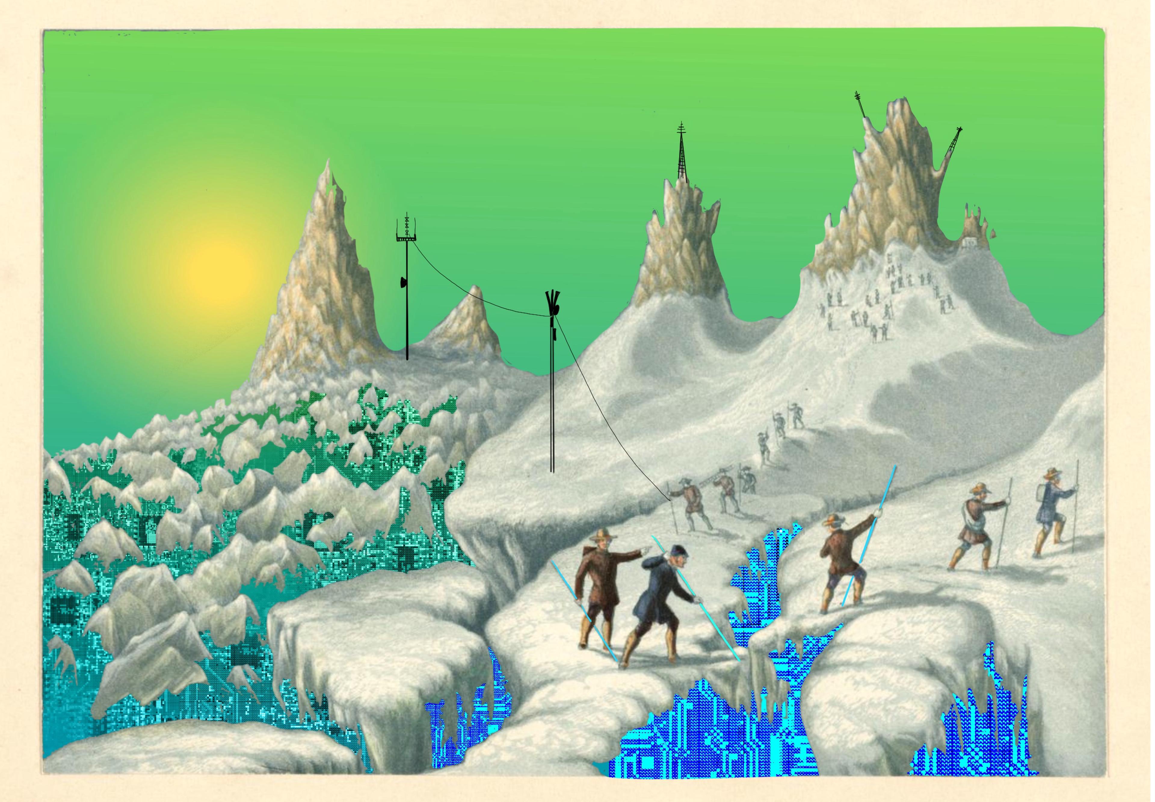 A snowy landscape with icy cliffs and towering mountains. Several explorers are shown climbing and navigating the snowy terrain, some using ropes to bridge gaps. Below the cliffs, a grid of blue electric circuits and transmission towers dot the mountains, blending the natural and technological elements of the scene. The sky is a vividly toxic green, with a orange sun glowing in the background.