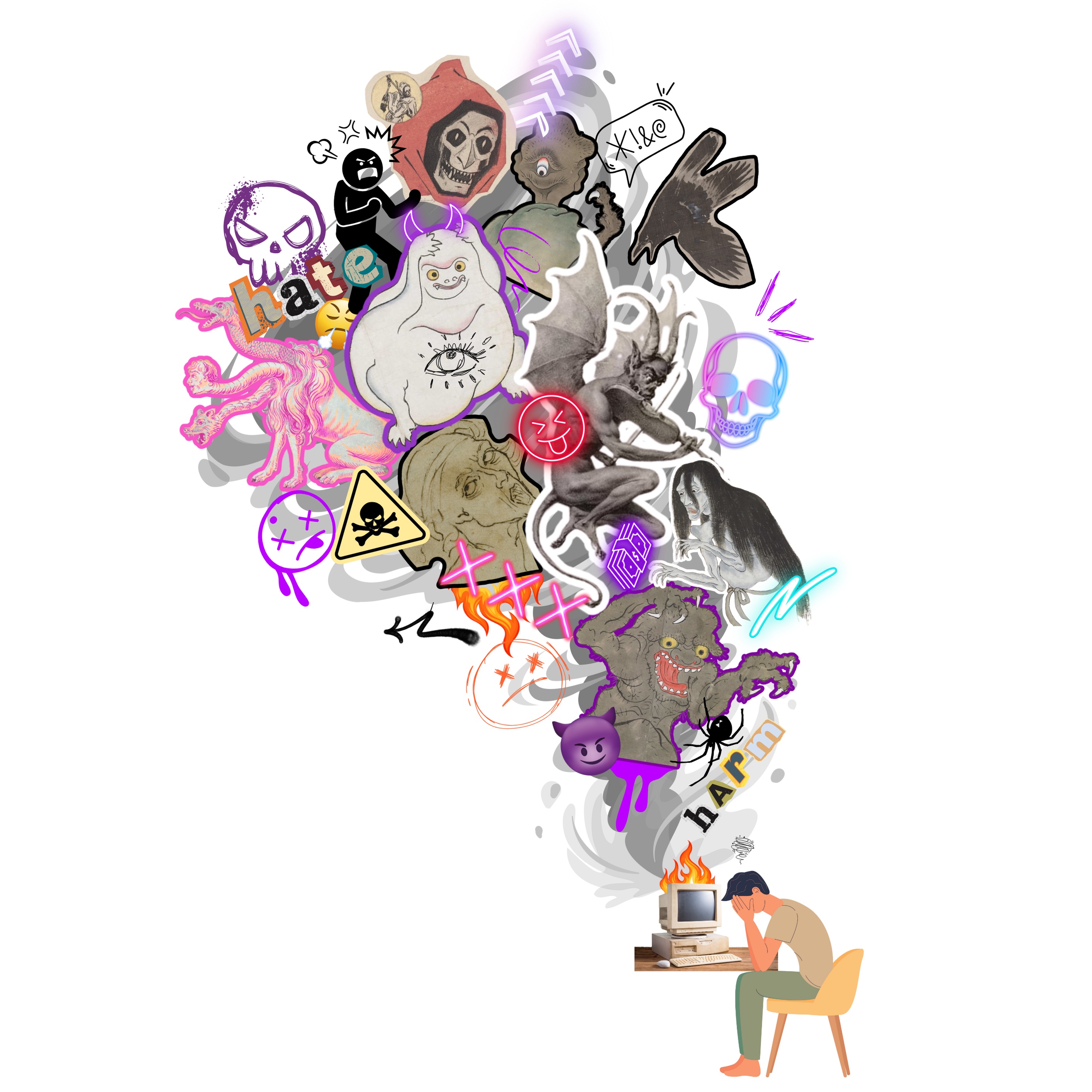A small figure sitting at a computer with his head in his hands. The top of his computer is in flames and above it a whirlwind of toxic content is spewing out. Demons, devils, skulls, death, violence, triple X, the words hate and harm bloom out from the computer and tower over him.
