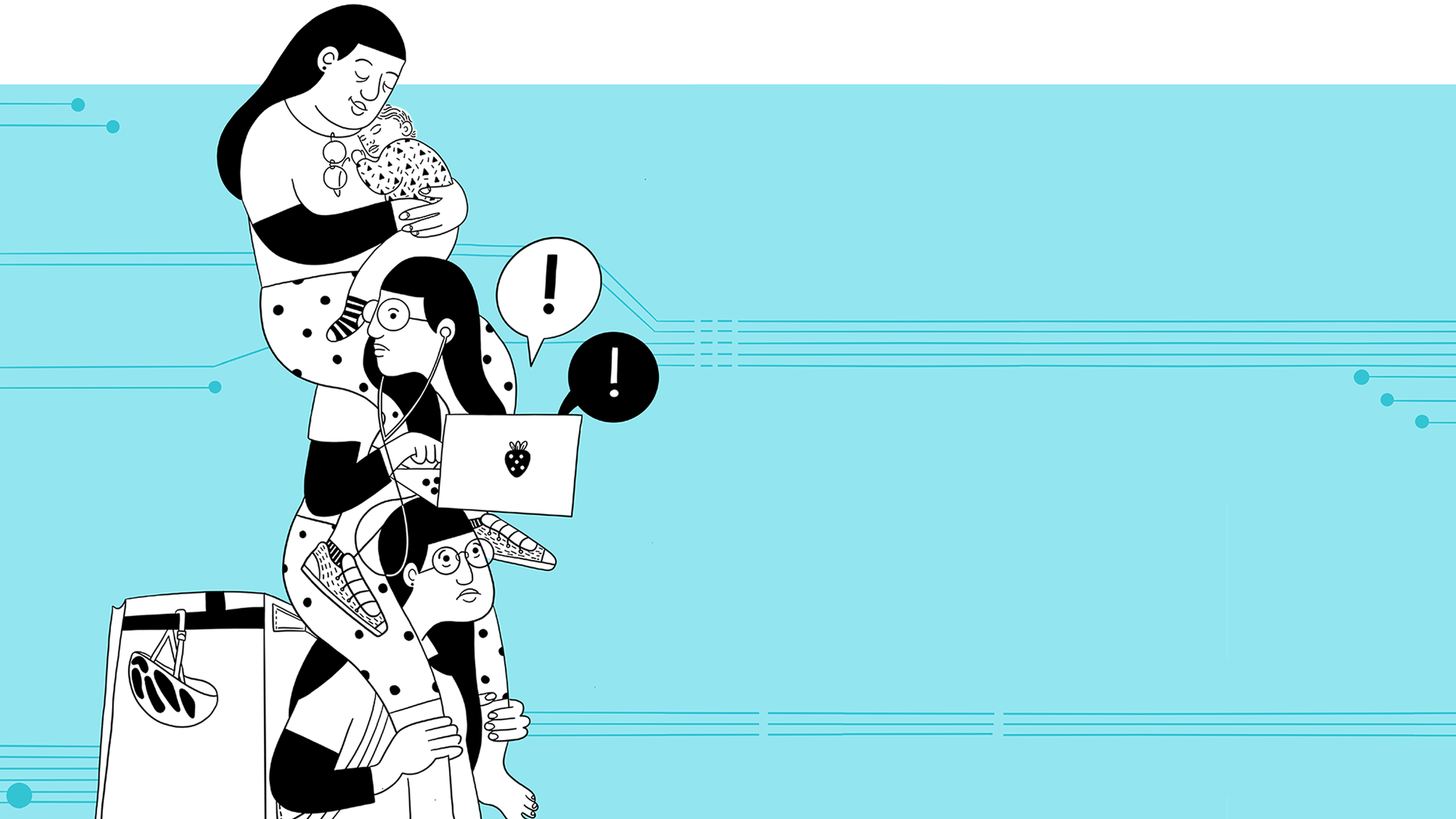 Woman working simultaneously as a delivery worker, remote employee, and caring her child, representing the opportunities and risks of work digitalization.