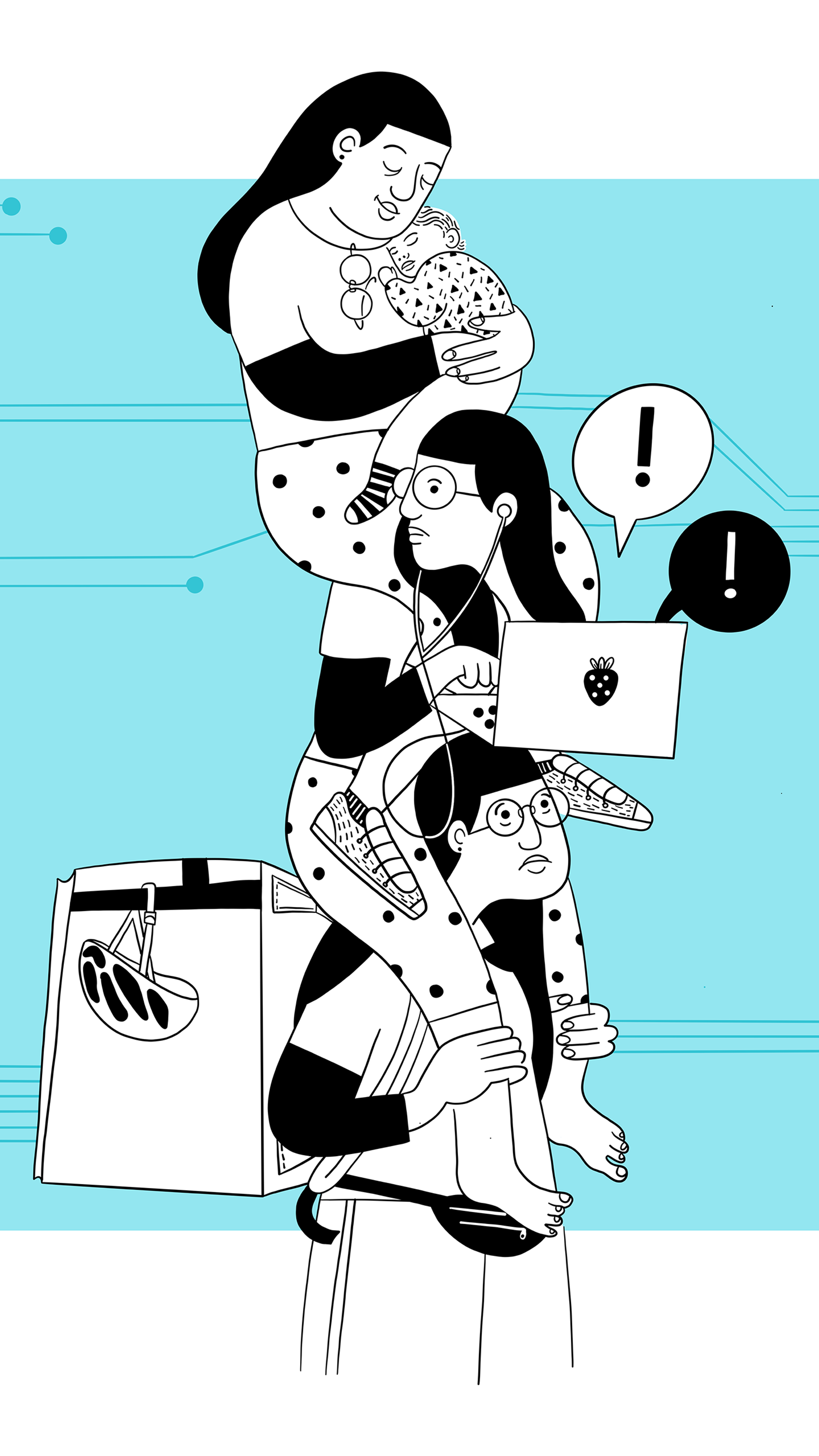 Woman working simultaneously as a delivery worker, remote employee, and caring her child, representing the opportunities and risks of work digitalization