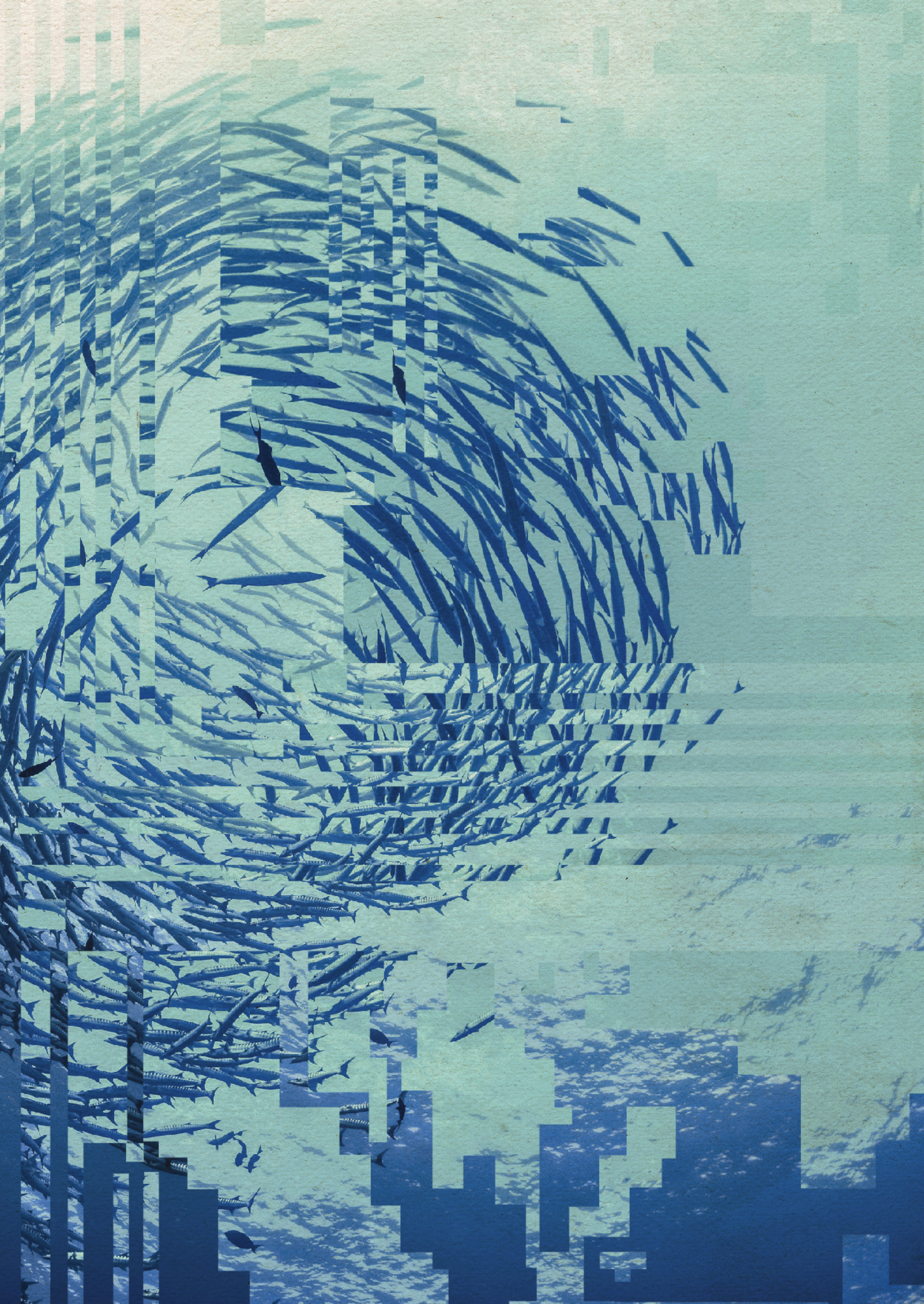 An underwater photo taken looking up to a large circular school of fish while the sun sparkles in the blue water. However, the image is slightly distorted by digital artefacts.