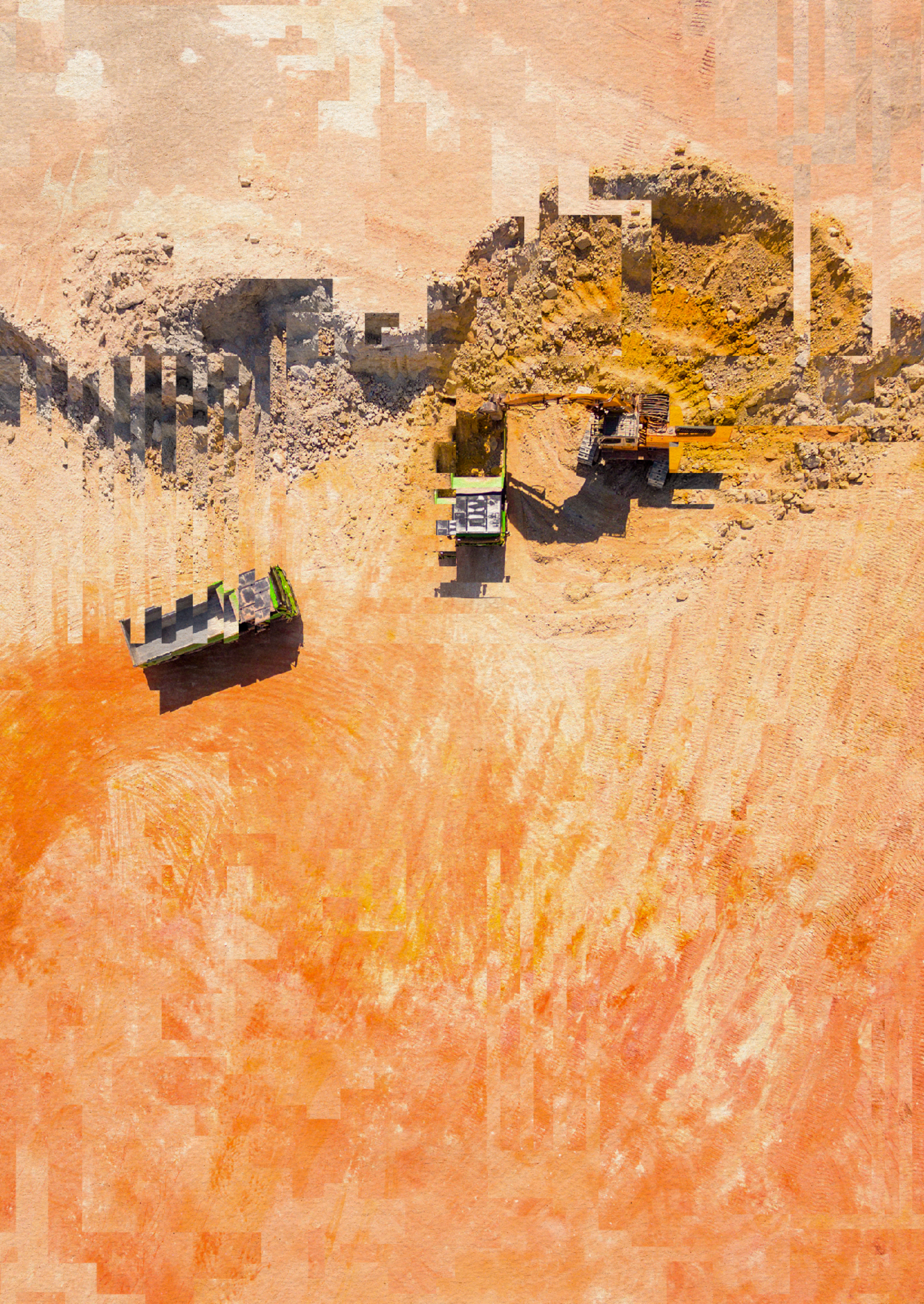A bird's eye view photo of an orange sand mine with transport lorries, but the image is slightly distorted by digital artefacts.