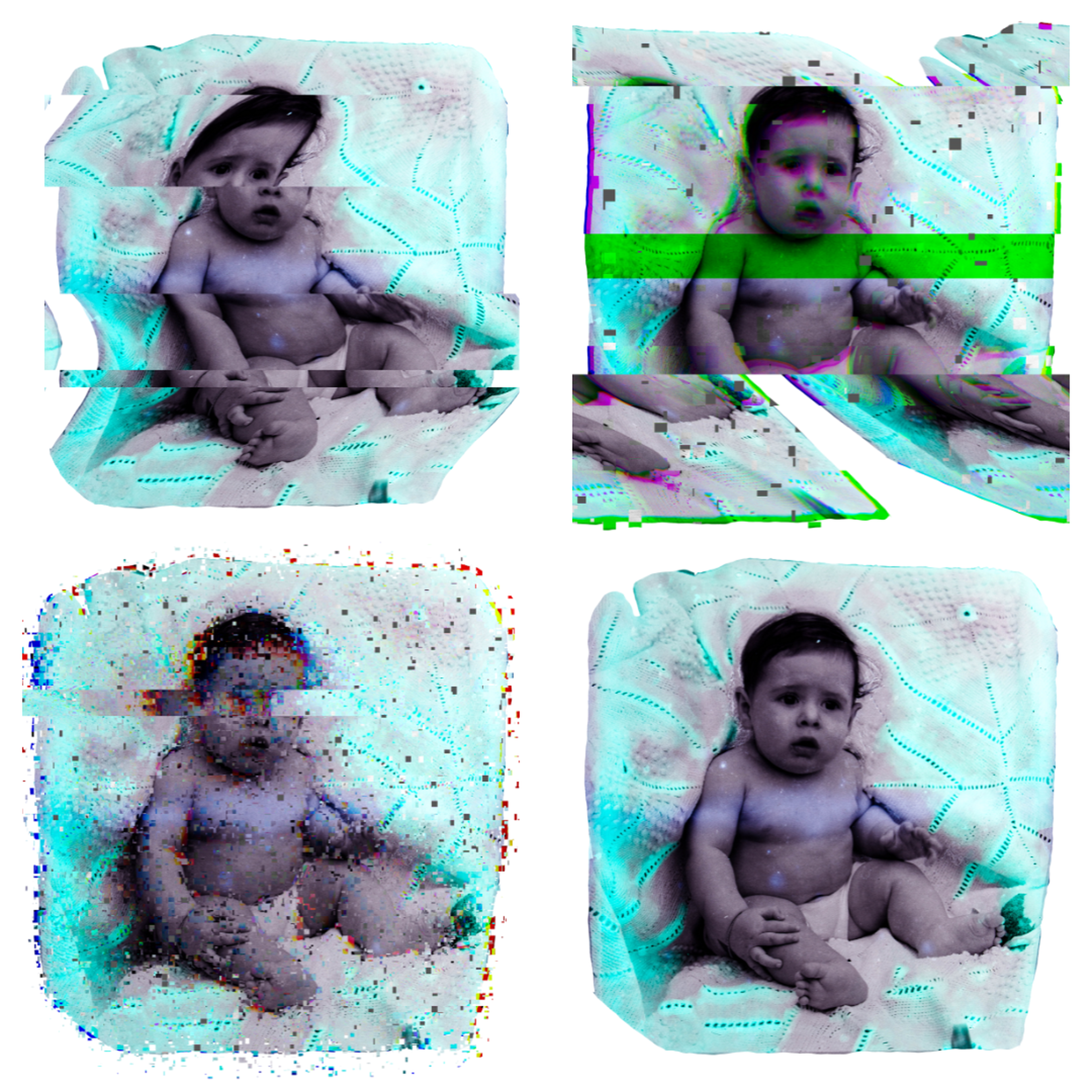 The image features a grid of four depictions of a baby, each overlaid with digital distortions and glitches. These distortions symbolise the fragility of data and privacy in the context of nonconsensual data breaches. The glitch effects include fragmented pixels, colour shifts, and digital artefacts, emphasising the disruption and loss of control over personal information. 