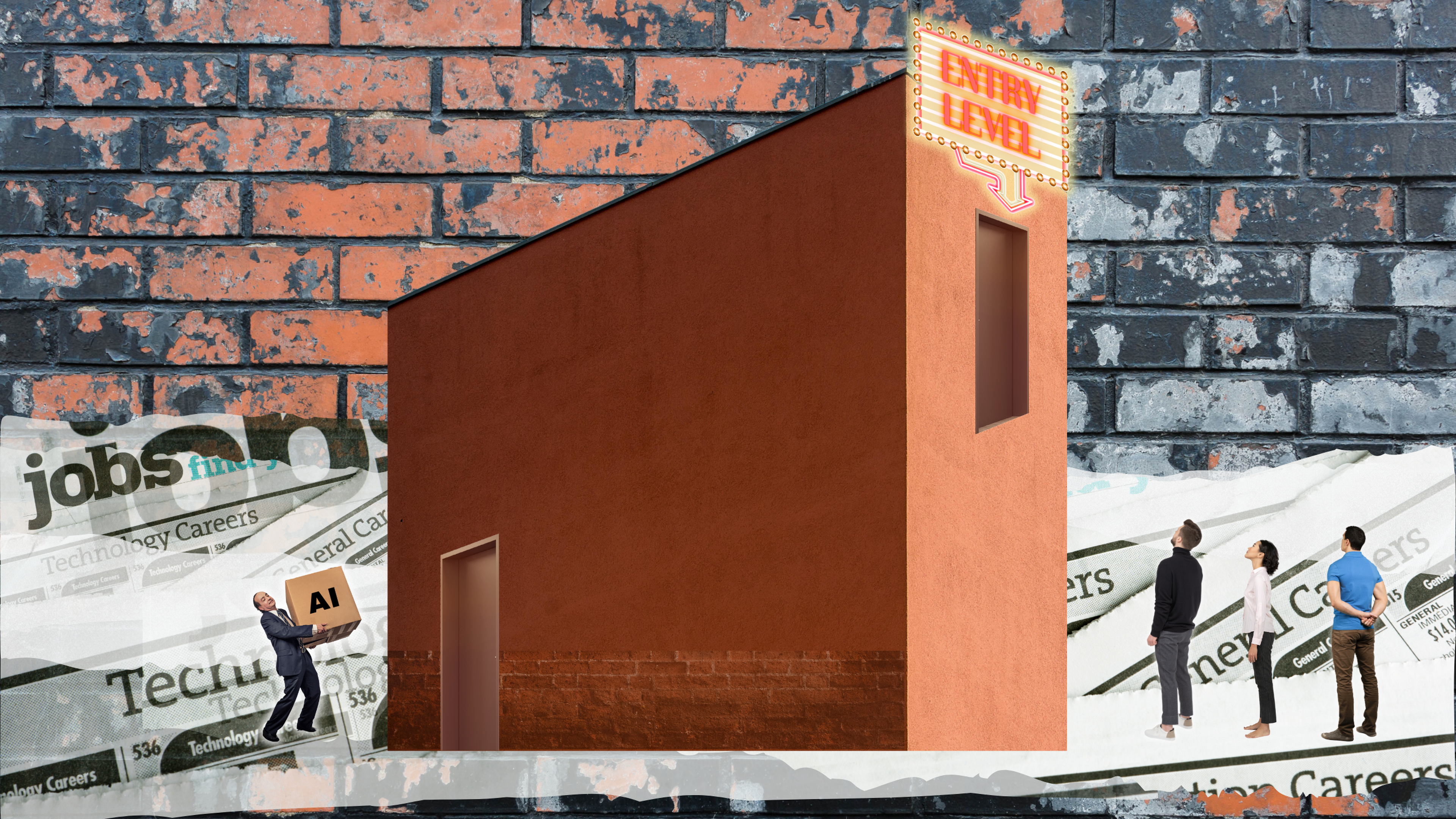 An imposing building with two doors and a red brick background, newspaper cuttings of job listings are also collaged into the background. One door is at ground level where a businessman is carrying a large box labelled AI as he is about to enter the building. The second door is high above ground with no apparent means of entry. There is a large flashing neon sign which reads Entry Level above the door. Three young people are below looking up at the door.