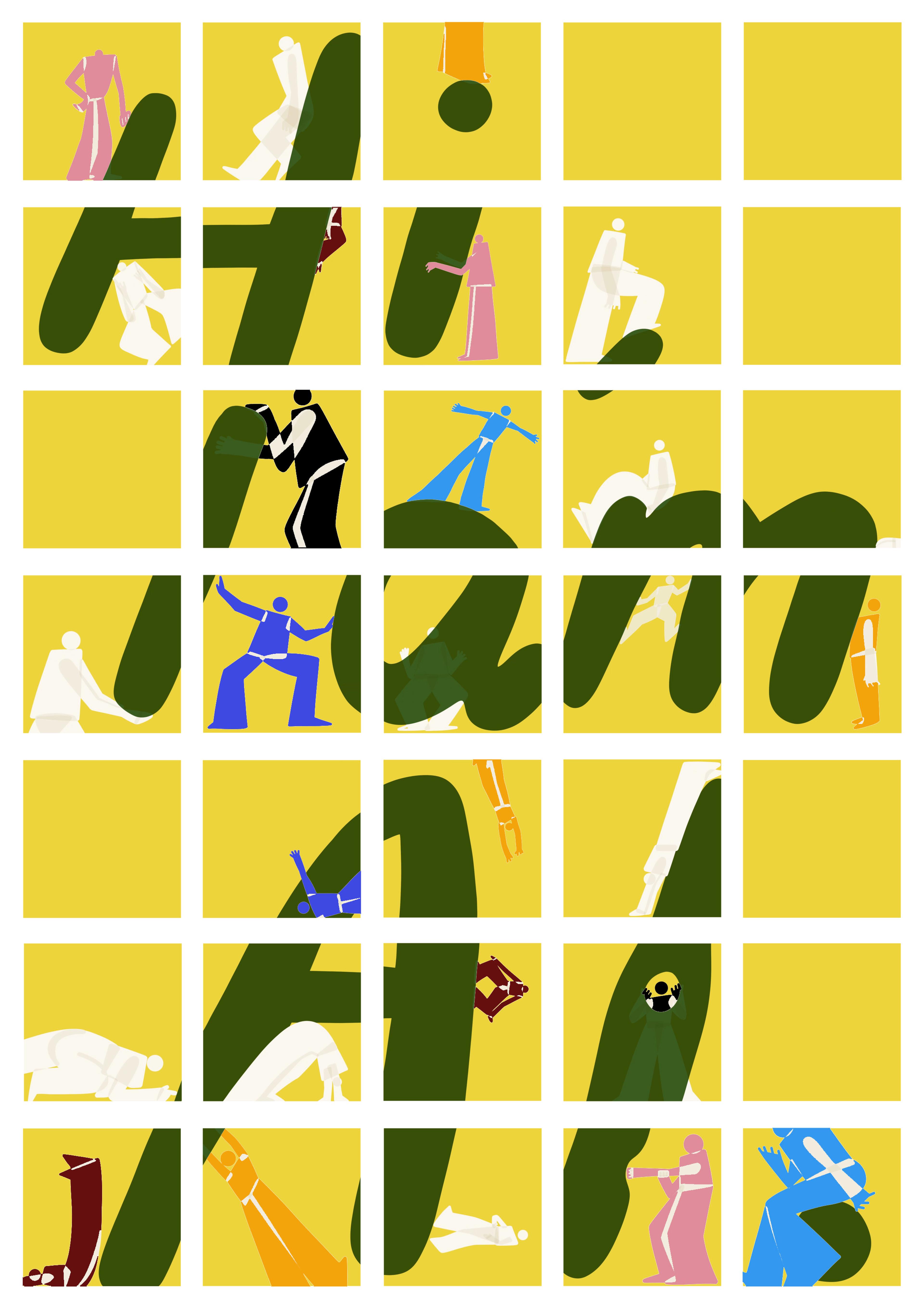 This image features a grid of 35 square tiles with blue, pink, burgundy and orange figures inside the tiles interacting with dark green letters of the phrase "Hi, I am AI” set against a yellow background. The figures are positioned in various poses, as if they are climbing, pushing, or leaning on the letters.