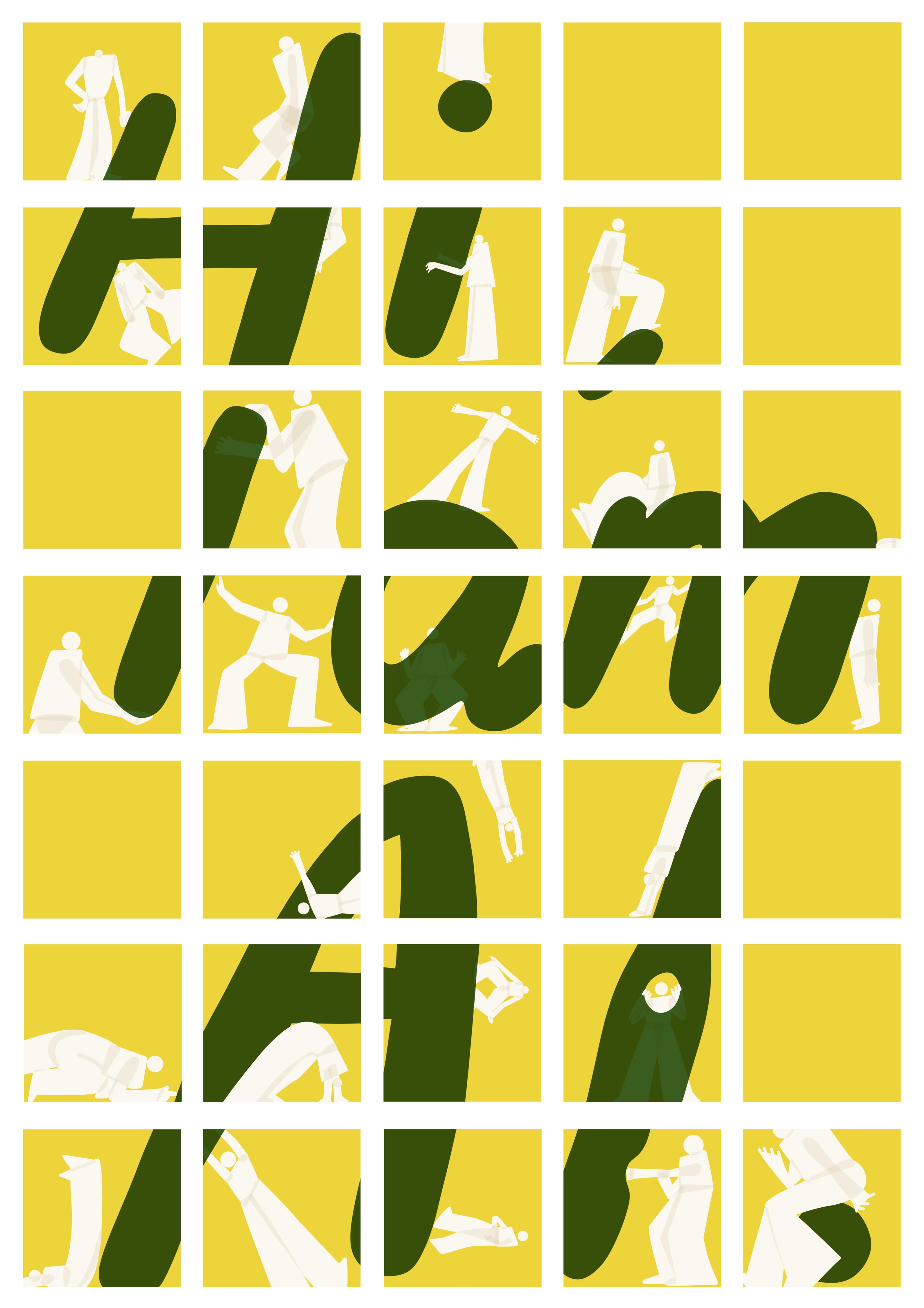 This image features a grid of 35 square tiles with a minimalist figures inside the tiles interacting with dark green letters of the phrase "Hi, I am AI” set against a yellow background. The figures are positioned in various poses, as if they are climbing, pushing, or leaning on the letters.