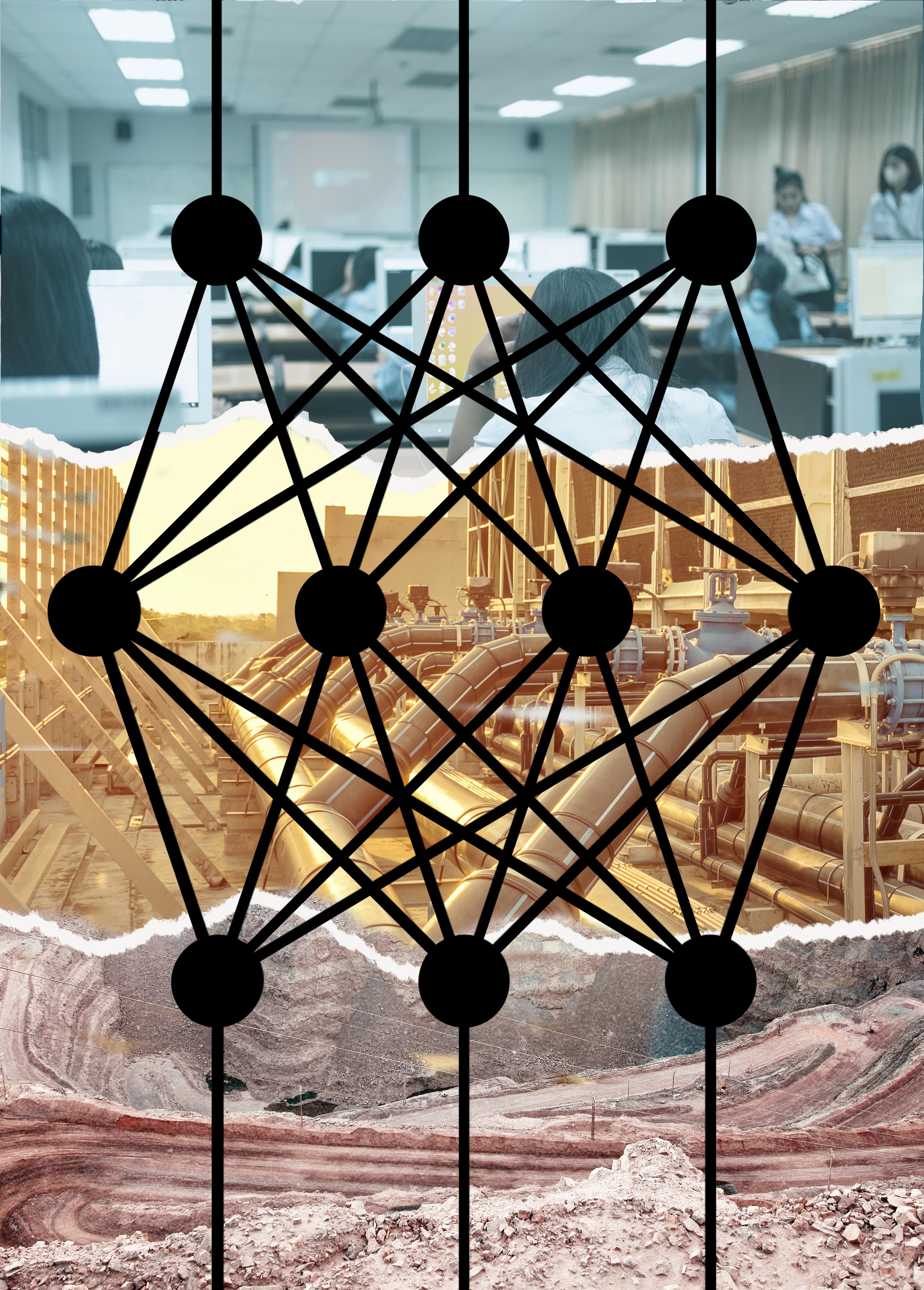 This shows a collage image which integrates three layers representing three different contexts with a bold black diagram of a neural network overlay. In the top section, there is a classroom with students working at computer desks. The middle section shows the cooling system for a data centre. The bottom section features an open mine with exposed rocks, showing the process of extractive mining. 