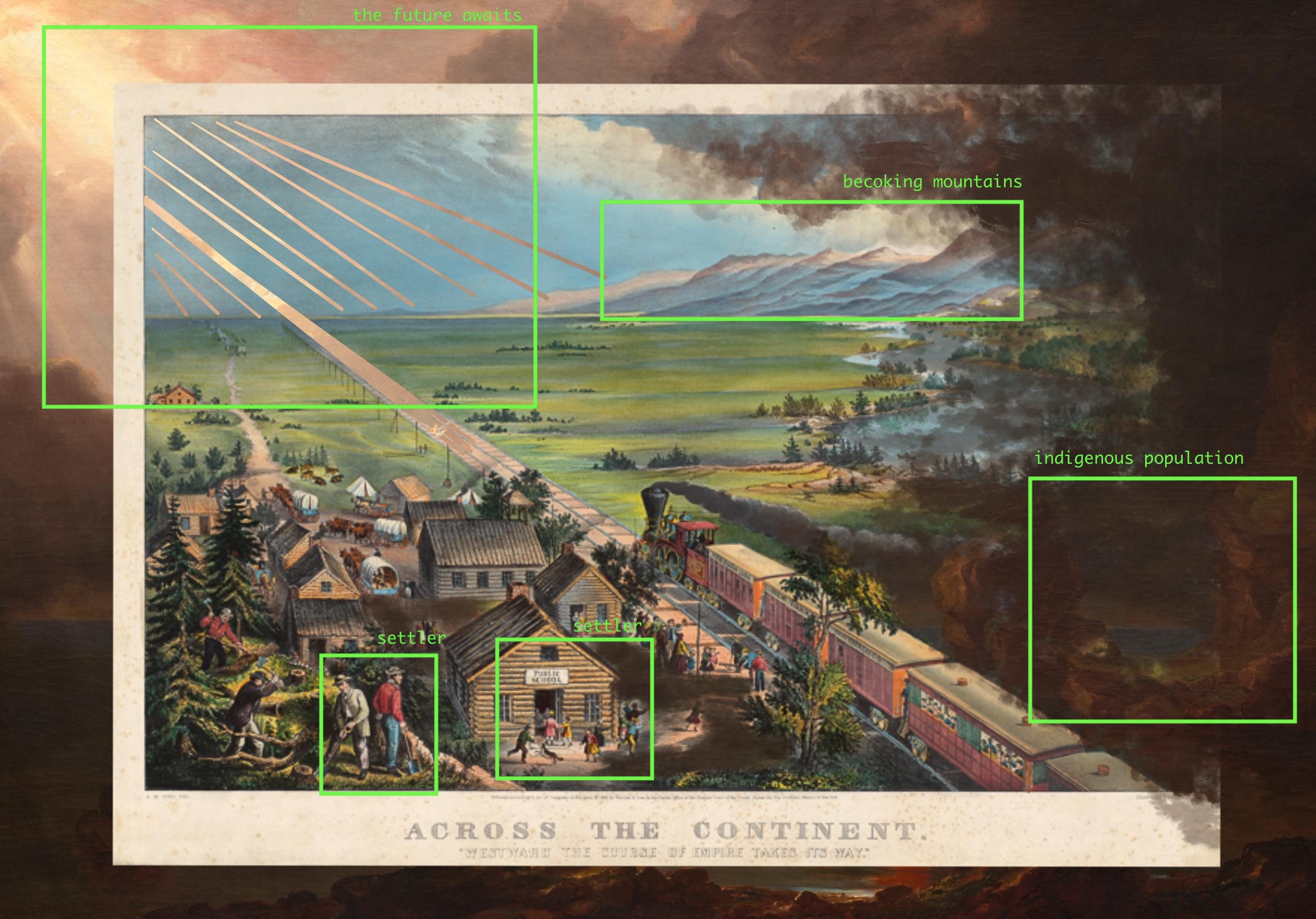 A highly-contrasted digital landscape of a train going West with settlements in the bottom left. The image has 5 boxes symbolising computer vision, with text that reads "settler" “beckoning mountains” and “the future awaits” and “indigenous population” which is non-existent.