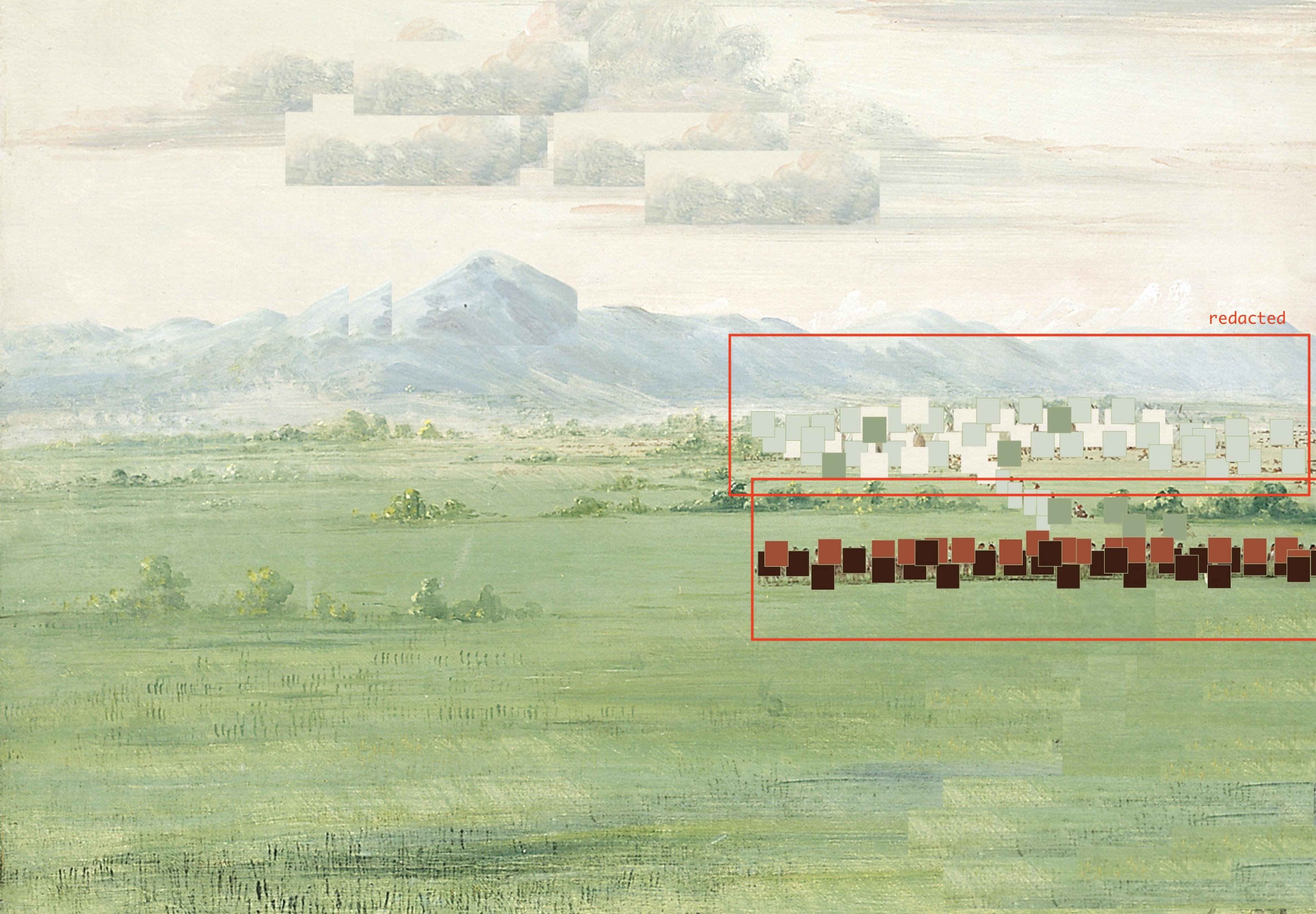 A digital landscape painting of green fields and distant blue mountains. The image has a pixelated, glitchy effect with redaction boxes drawn over parts of the landscape. The text "redacted" appears in the top-right corner within one of the boxes. The pixelated areas within the redaction box consist of small, colored squares.