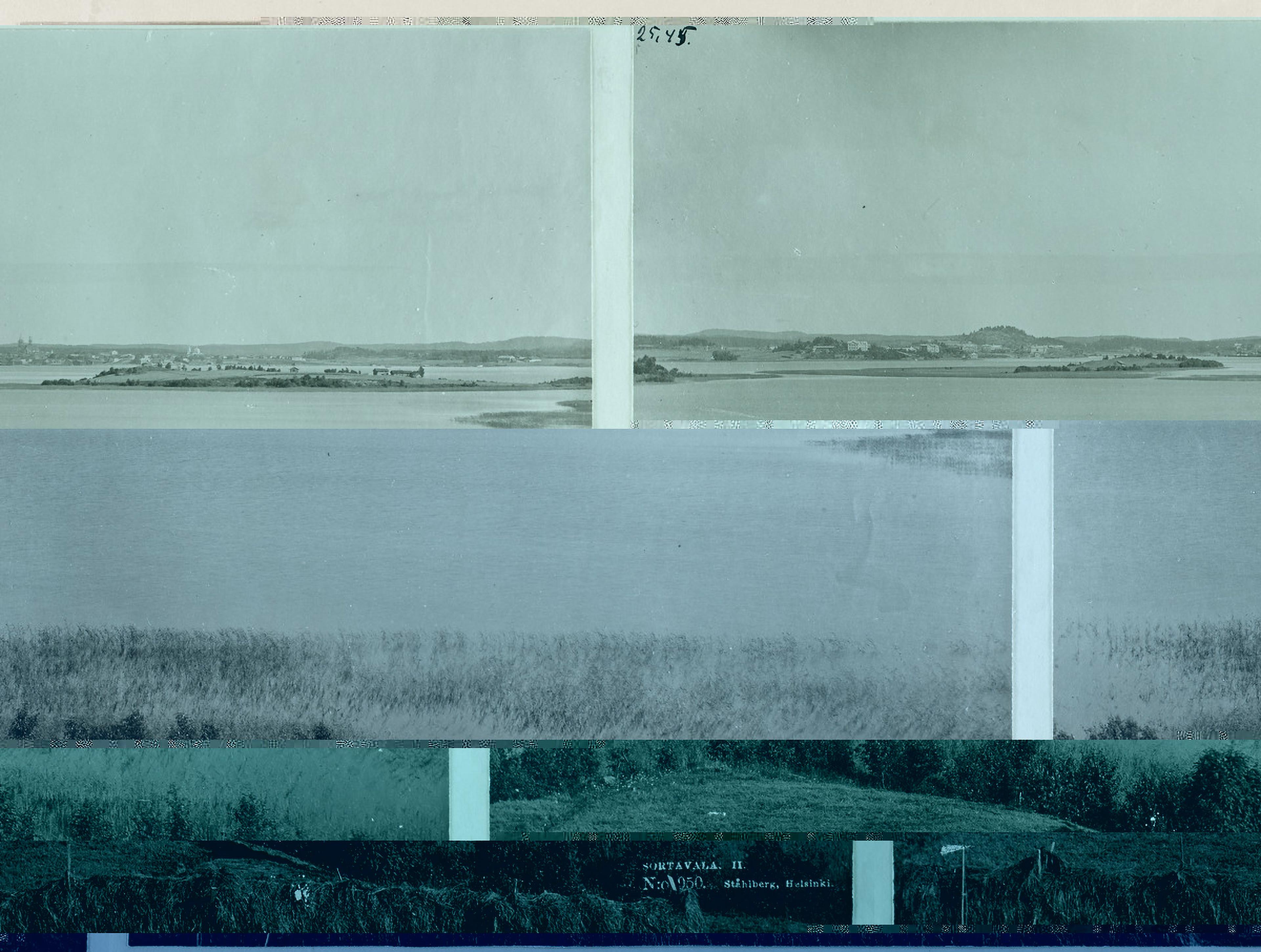 This image shows a fragmented panorama of a serene Finnish landscape, divided into four horizontal sections. The topmost section shows a distant shoreline dotted with buildings and rolling hills, painted in muted green-blue hues. Below, a body of water stretches across the frame. The third and fourth section show a zone of tall grass at the water's edge and some foliage from trees. The image color palette shifts subtly from pale aqua at the top to deeper teal tones at the bottom. This fragmented presentation of the landscape evokes thoughts of memory, perception, and the layered nature of our relationship with the environment.