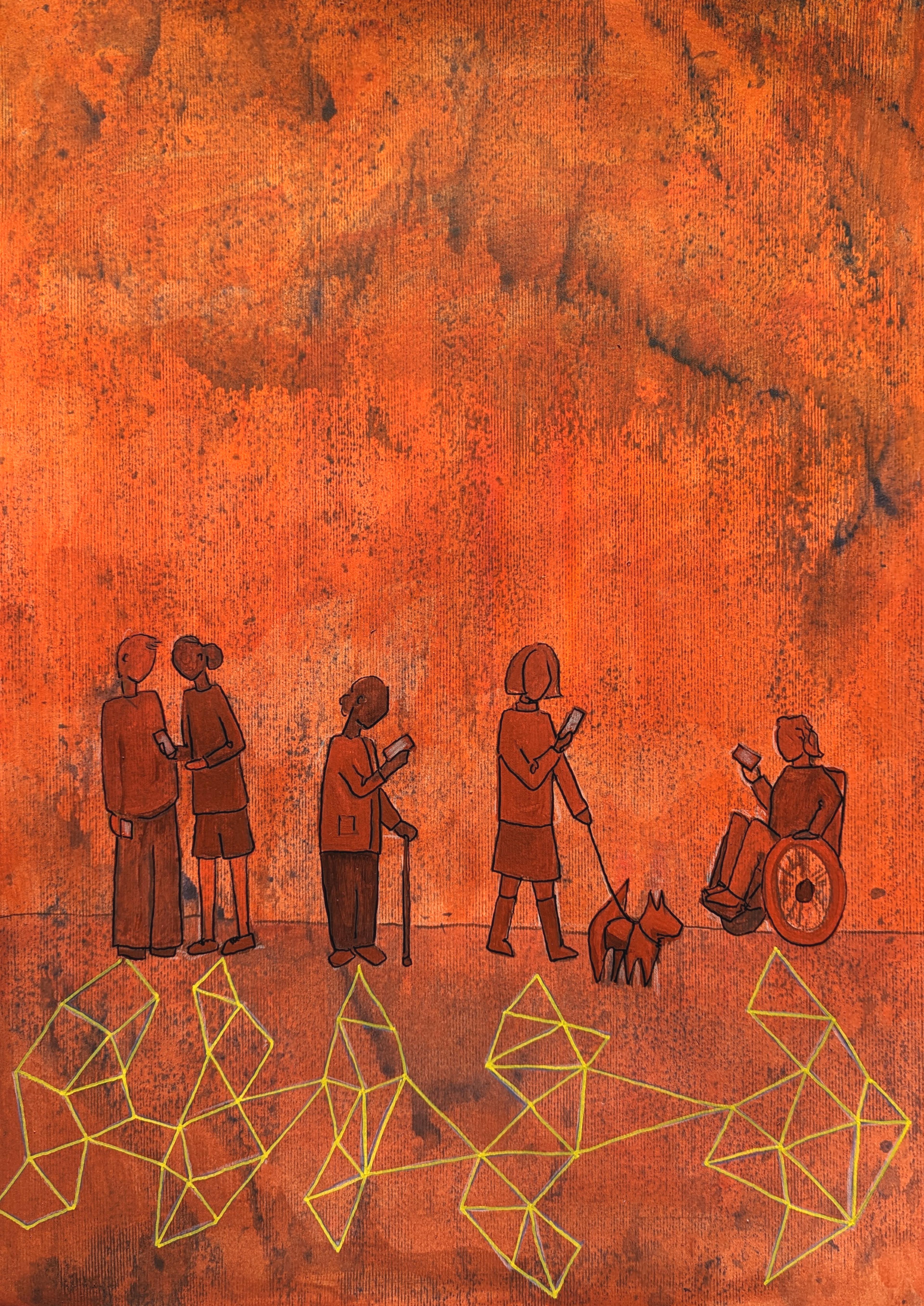 Five people and a dog are seen outlined in orange, against an orange background. Two of the people talk to each other, one stands along with a stick, one walks a dog, and the other is in a wheelchair. All of them look at their mobile phones intently, and all cast shadows on the ground. The shadows are made up of network diagrams, being representative, rather than literal shadows.
