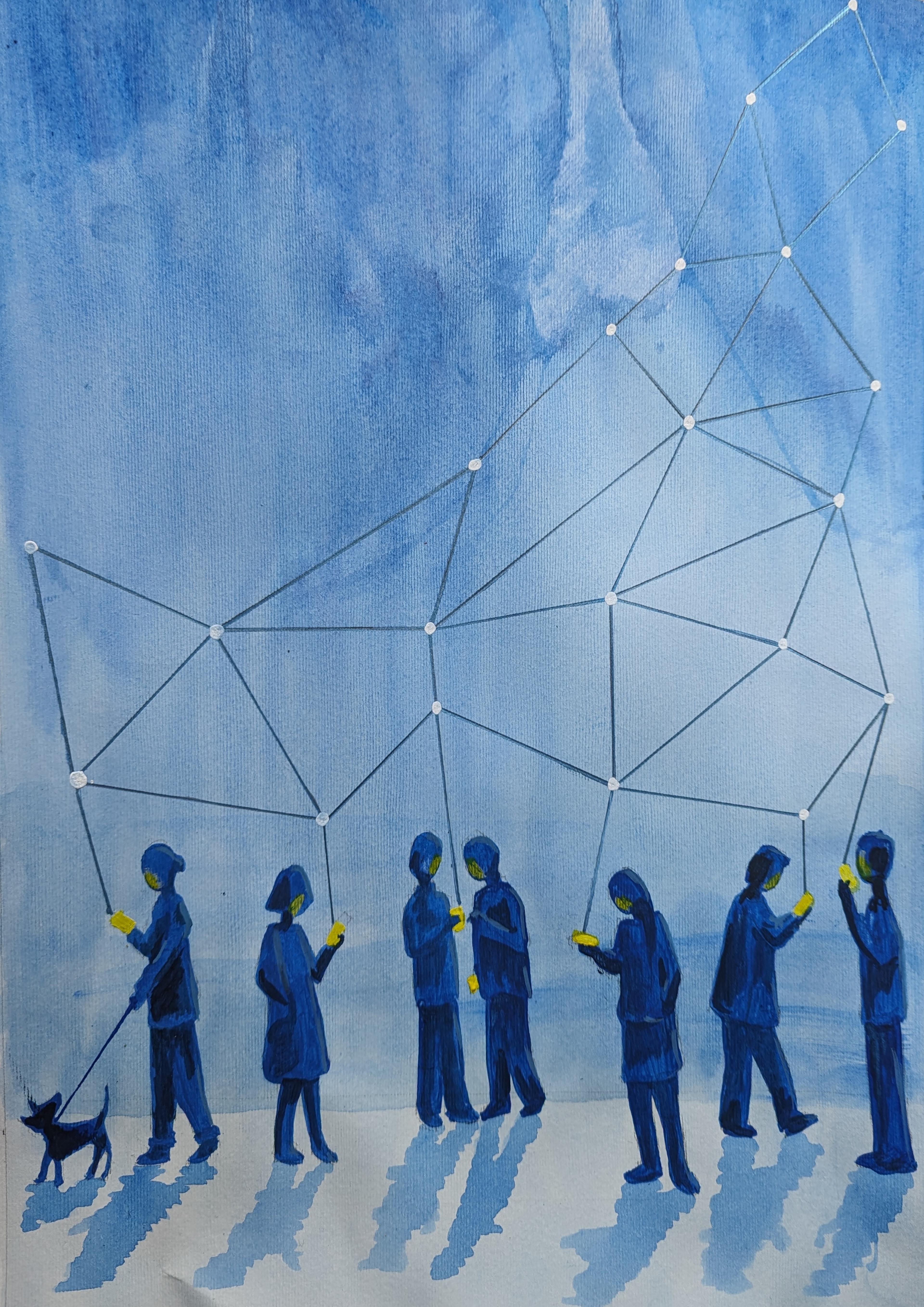 Seven people and a dog are illustrated in watercolour standing against a light blue background, in a variety of poses but all intently looking at their mobile phones. They are coloured in blue with yellow detail, and cast blue shadows. Their phones are all connected via a web like network in the air, showing various connection points. The image is portrait shape and allows space for text in the top left hand corner.