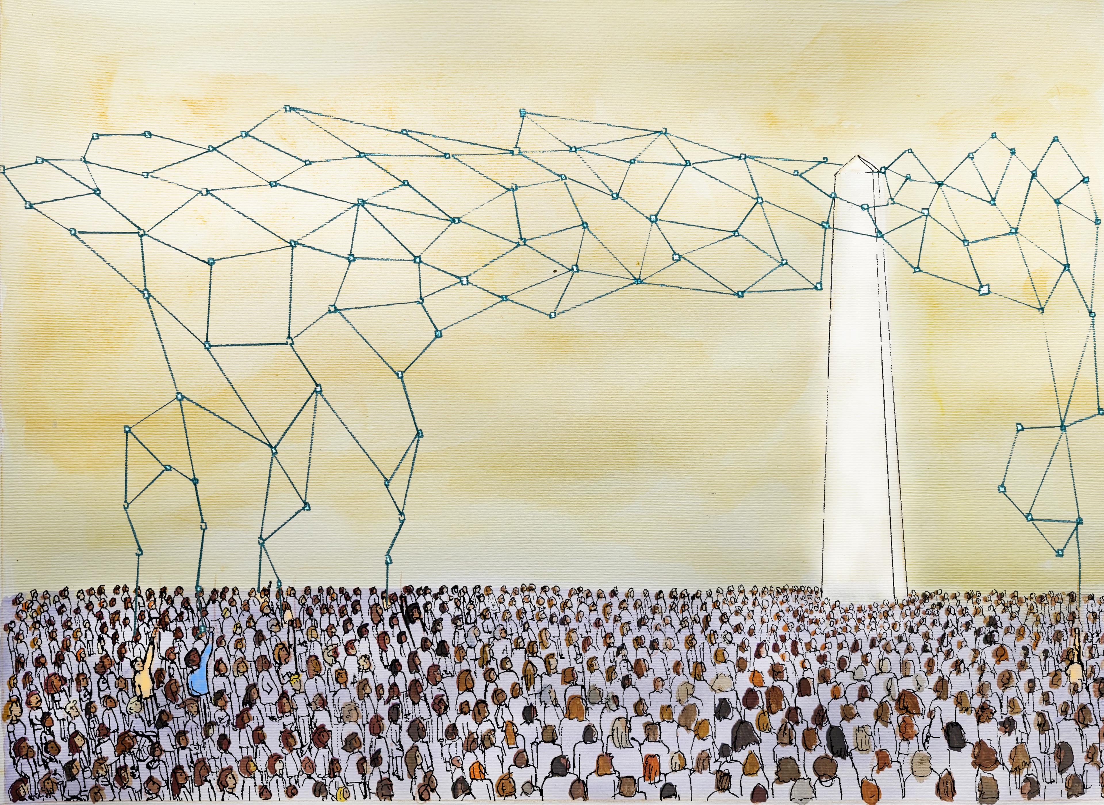 A neural network comes out of the top of an ivory tower, above a crowd of people's heads. Some of them are reaching up to try and take some control and pull the net down to them. Watercolour illustration.