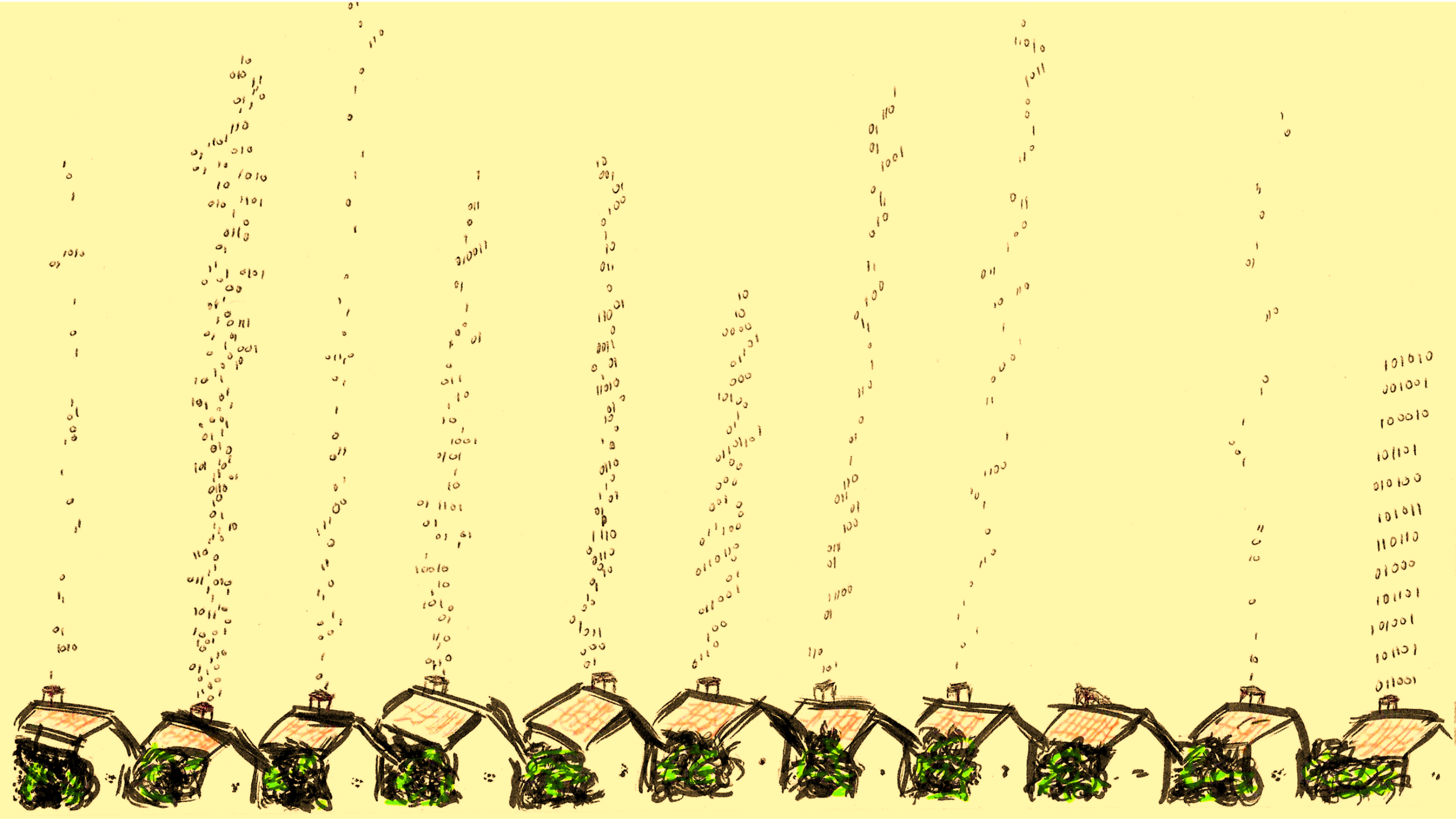 A hand-drawn sketch in coloured pens depicts a small uniform row of houses at the bottom of the picture. From each of the houses, 0s and 1s representing digital data are floating up in plumes which look like smoke from the chimneys of the houses; but these are not uniform: they represent the different types of data from each house.