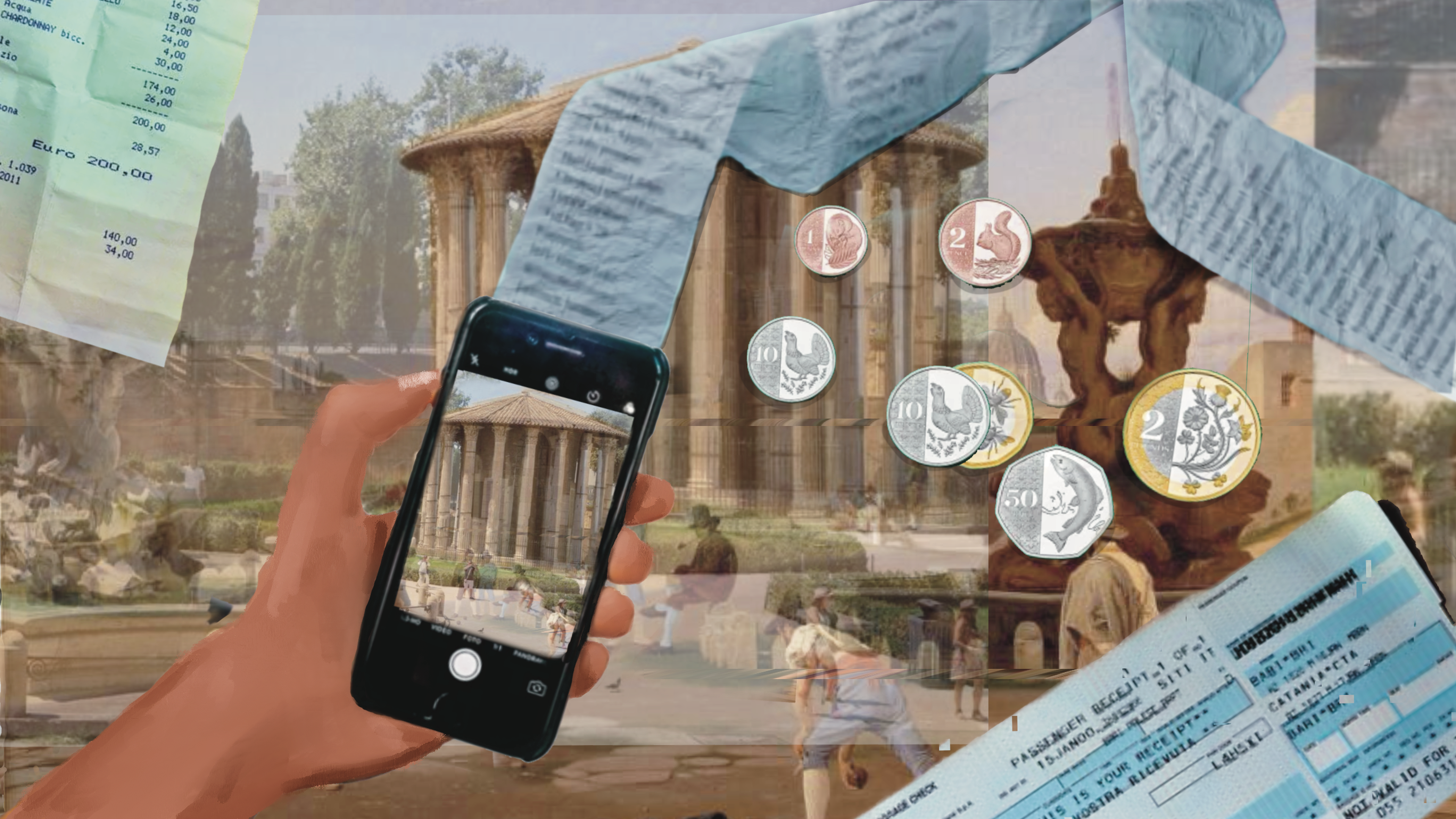 A digital collage blending classical and modern imagery. In the foreground, a hand holds a smartphone capturing a photo of an ancient Roman-style temple. Surrounding the scene are oversized receipts, coins with and a travel ticket. A long, blue receipt winds across the image. In the background, a painting of a European square with fountains and classical architecture is visible, merging past and present themes of travel, commerce, and documentation. The smartphone like a billing machine emits and endless receipt. 
