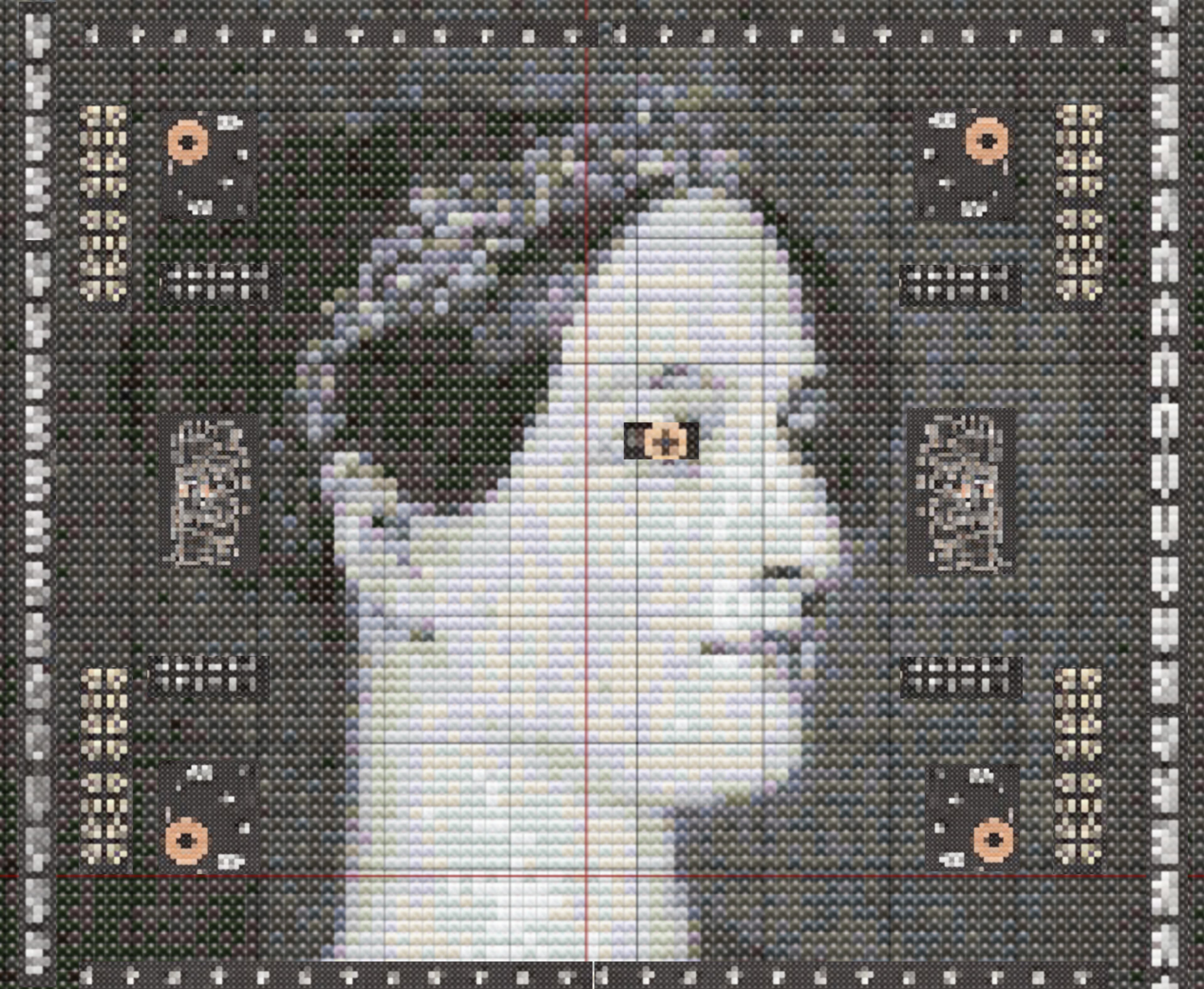 A pixelated black-and-white portrait of Ada Lovelace where the arrangement of pixels forms intricate borders and repeating patterns. These designs resemble the structure and layout of GPU microchip circuits, blending her historical contributions with modern computational technology.