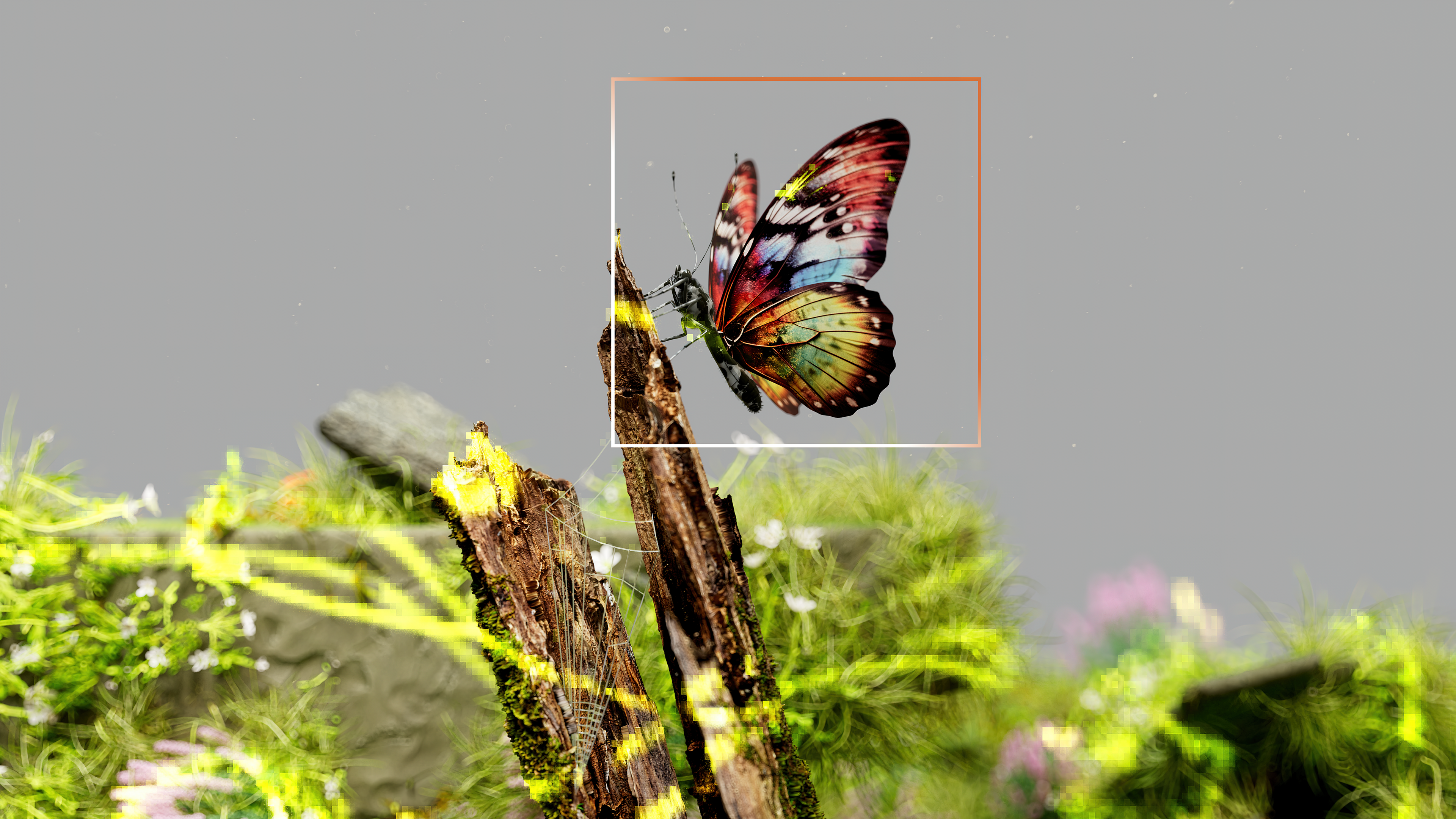 An image of a butterfly perched on a branch, framed in a square, surrounded by seemingly energised earthy elements which are seen in a pixellated form.