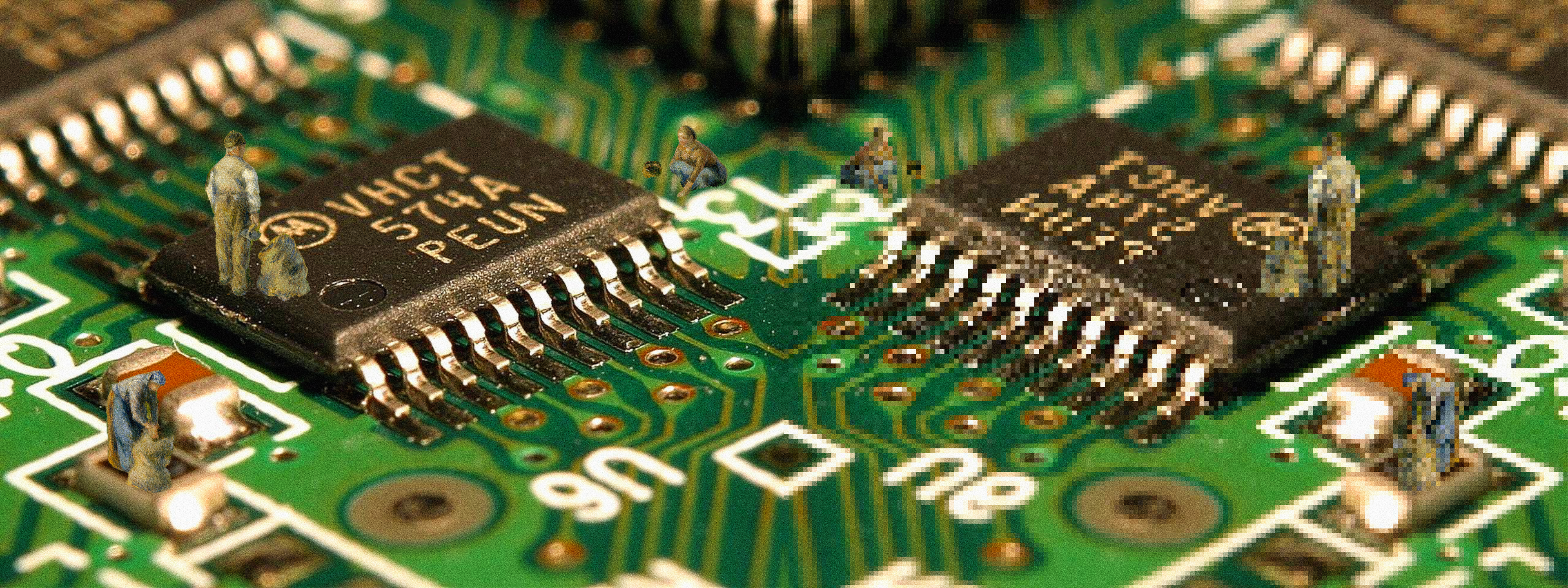 A digital collage showing miniature human figures from historical paintings of agricultural workers placed on a green circuit board with computer chips. The image has a mirrored composition with the right half pixelated. The tiny human figures appear to be walking on or standing atop the electronic components, creating a striking contrast between traditional farm labor and modern digital technology.