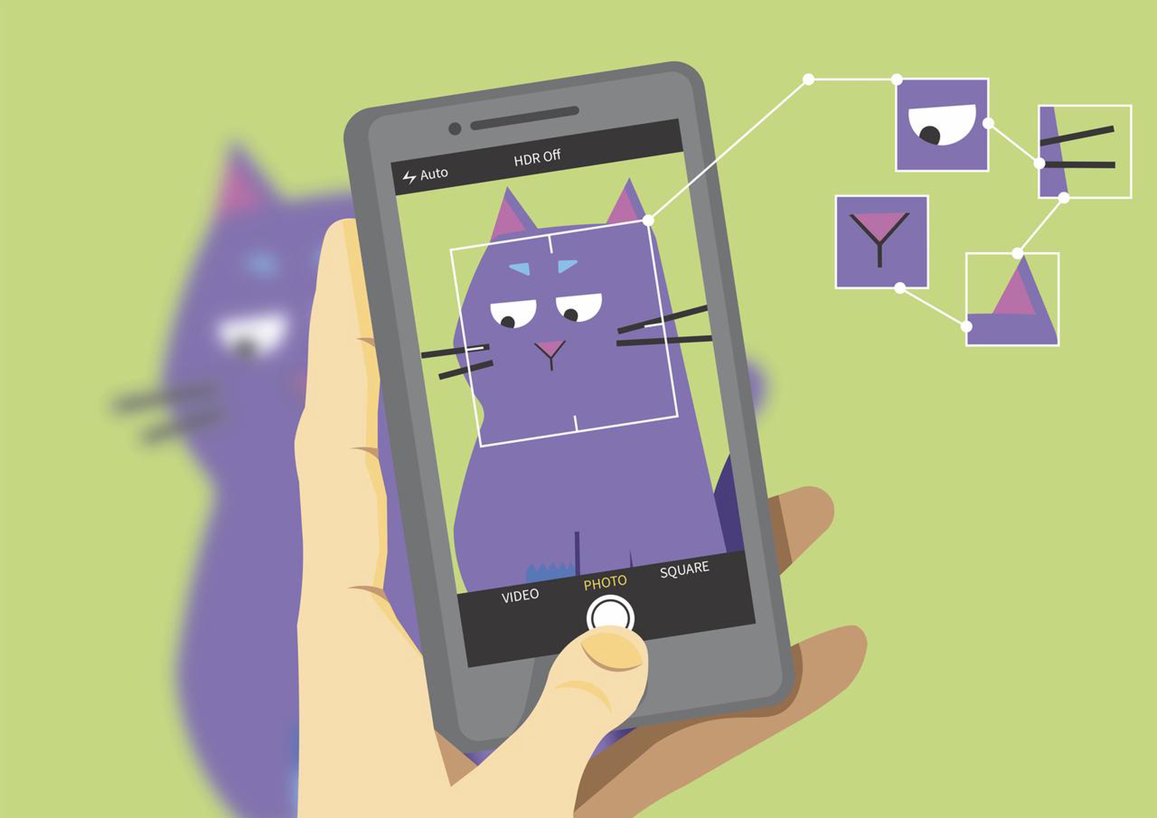 An illustration showing a hand holding a smartphone with its camera app open, capturing an image of a cartoon purple cat. The camera screen displays the cat framed with a square outline, and several facial features—such as the eyes, ears, and nose—are highlighted with smaller boxes and connected by thin lines, illustrating an AI recognition process. The cat is slightly blurred in the background outside the phone screen, emphasising the focus on the camera's view. 