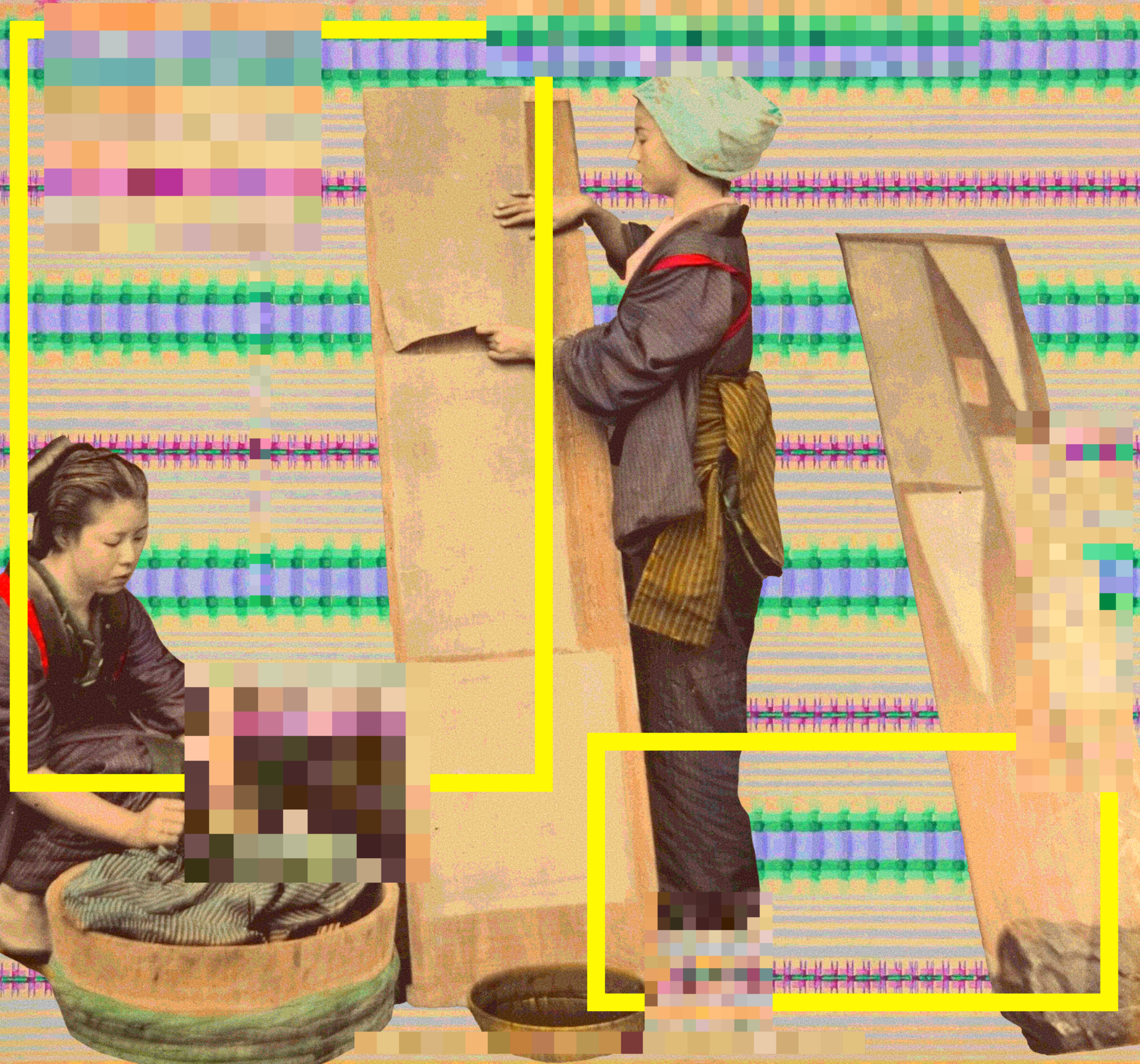 A digital collage showing two Japanese women in traditional clothing handling laundry. The image has been digitally manipulated with pixelation effects and a background pattern reminiscent of circuit boards or digital textiles. Yellow rectangular frames highlight and fragment different parts of the women's bodies and their work, suggesting algorithmic classification or the compartmentalization of labor in digital systems.RetryClaude can make mistakes. Please double-check responses.
