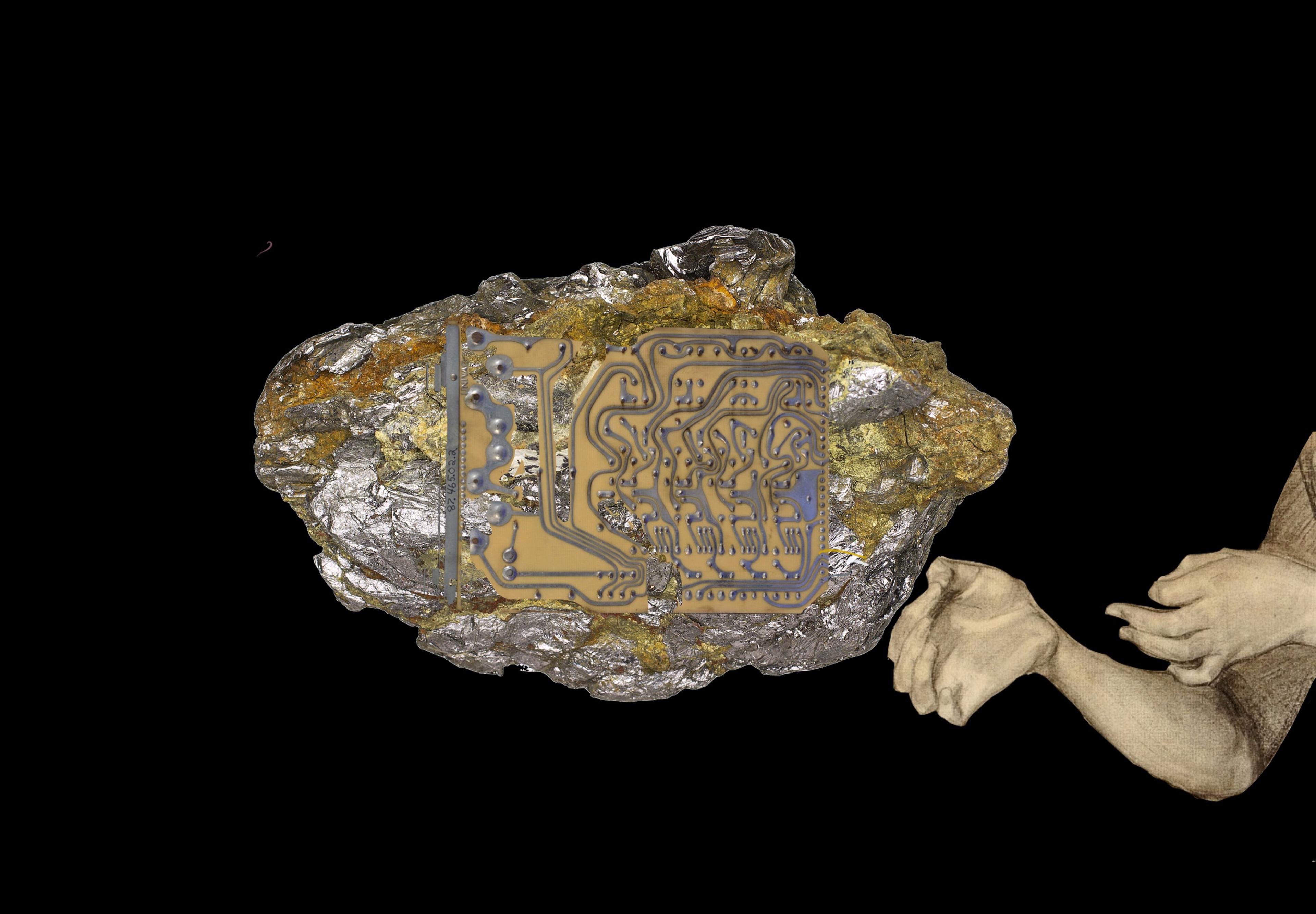 A rock embedded with intricate circuit board patterns, held delicately by pale hands drawn in a ghostly style. The contrast between the rough, metallic mineral and the sleek, artificial circuit board illustrates the relationship between raw natural resources and modern technological development. The hands evoke human involvement in the extraction and manufacturing processes.