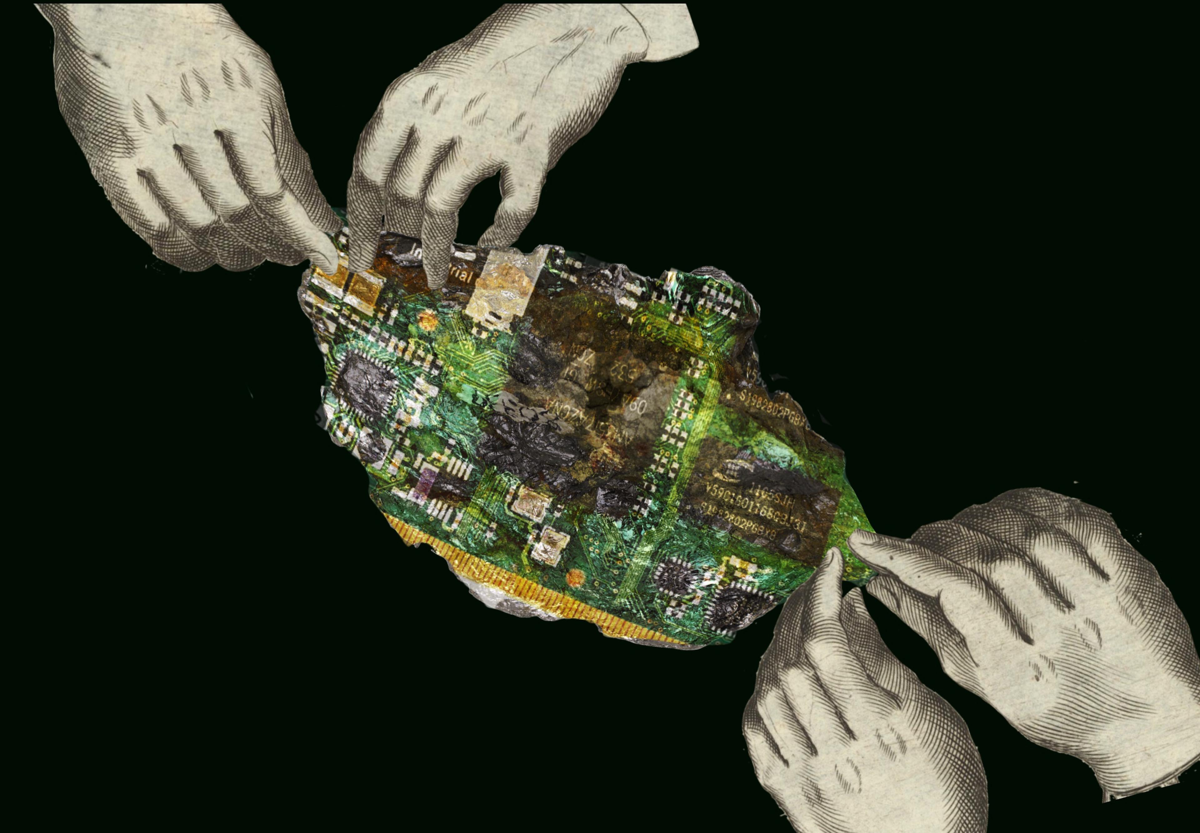 A rock embedded with intricate circuit board patterns, held delicately by pale hands drawn in a ghostly style. The contrast between the rough, metallic mineral and the sleek, artificial circuit board illustrates the relationship between raw natural resources and modern technological development. The hands evoke human involvement in the extraction and manufacturing processes.