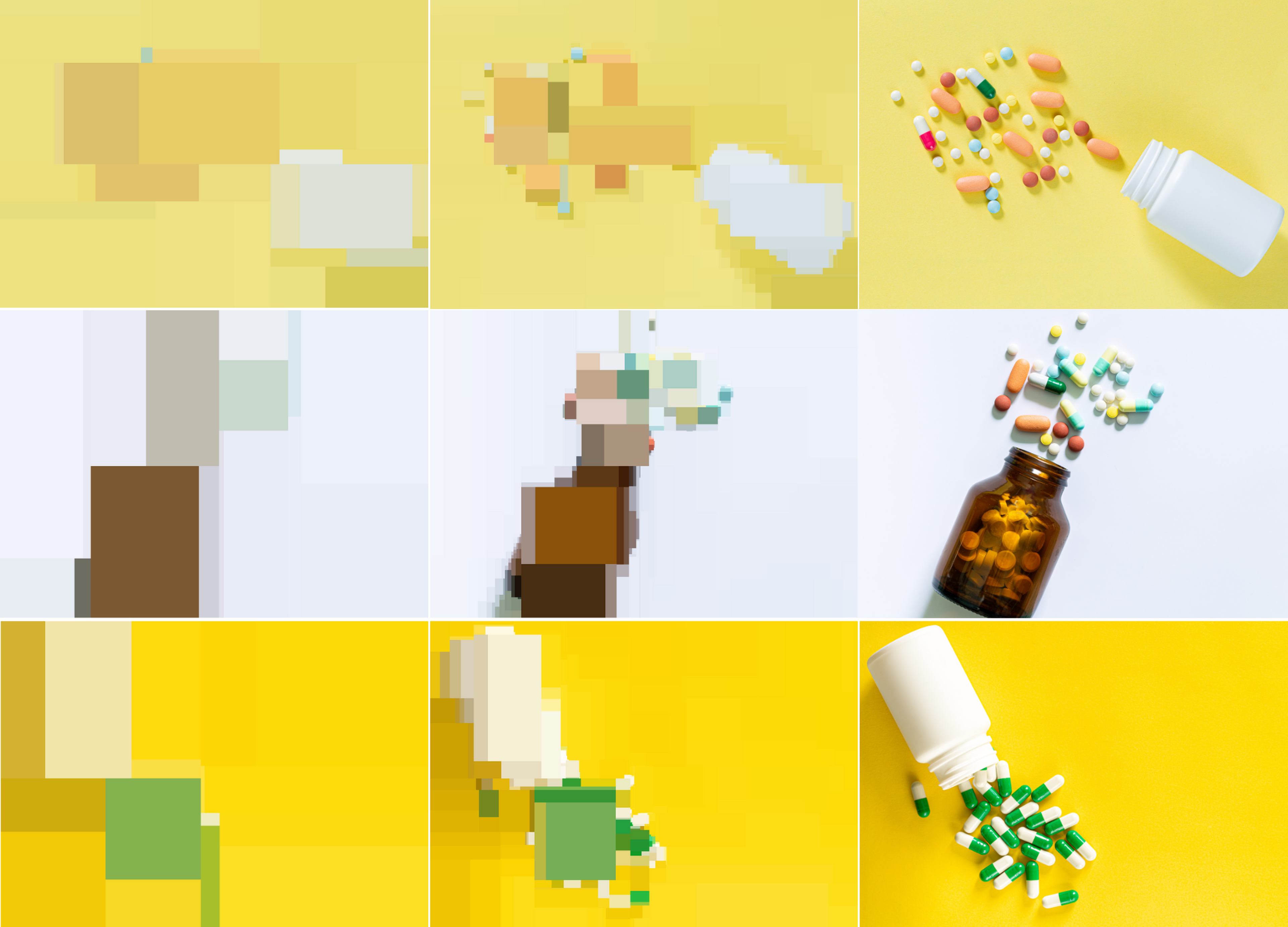 This picture is made up of 9 images in rows of 3. Each row shows a different image of a pill bottle spilling out pills onto a plain surface, on yellow or white backgrounds. On one side, the image is an original photograph. The next two iterations show it getting represented in progressively larger blocks of colour.