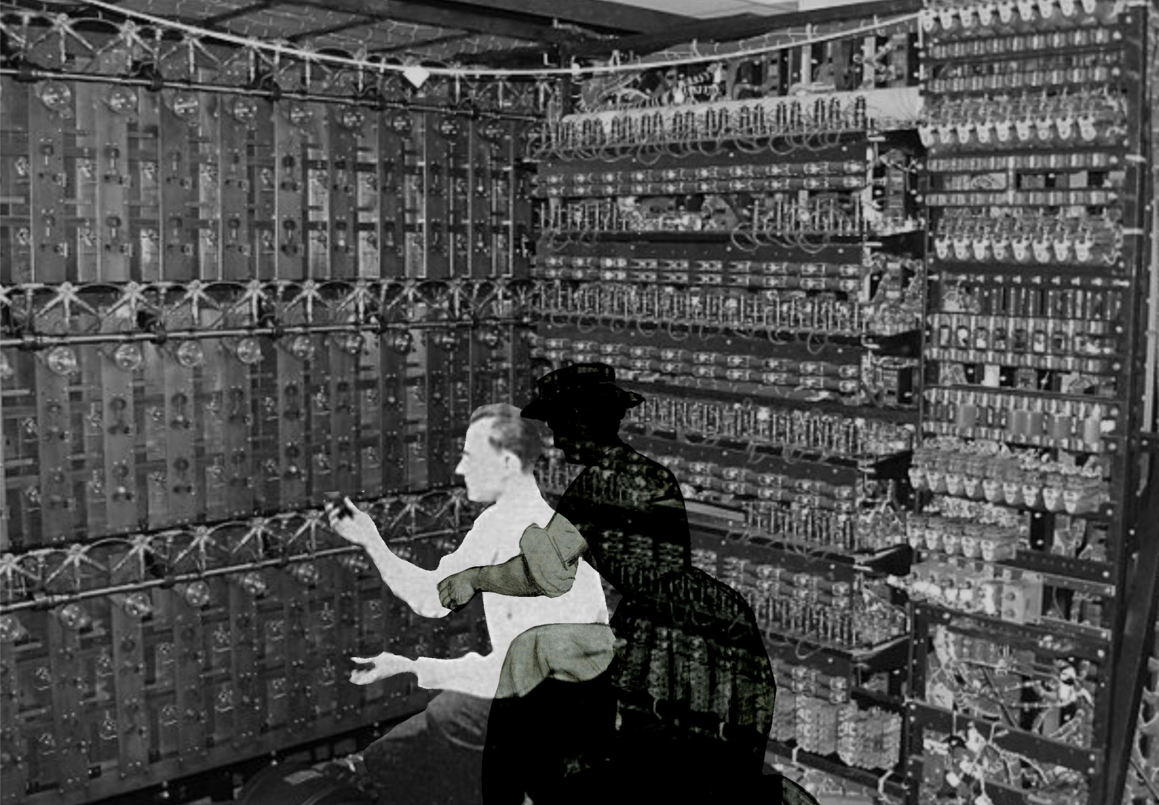 A black-and-white image depicting the early computer, Bombe Machine, during World War II. In the foreground, the shadow of a woman in vintage clothing is cast on a man changing the machine's cable. 